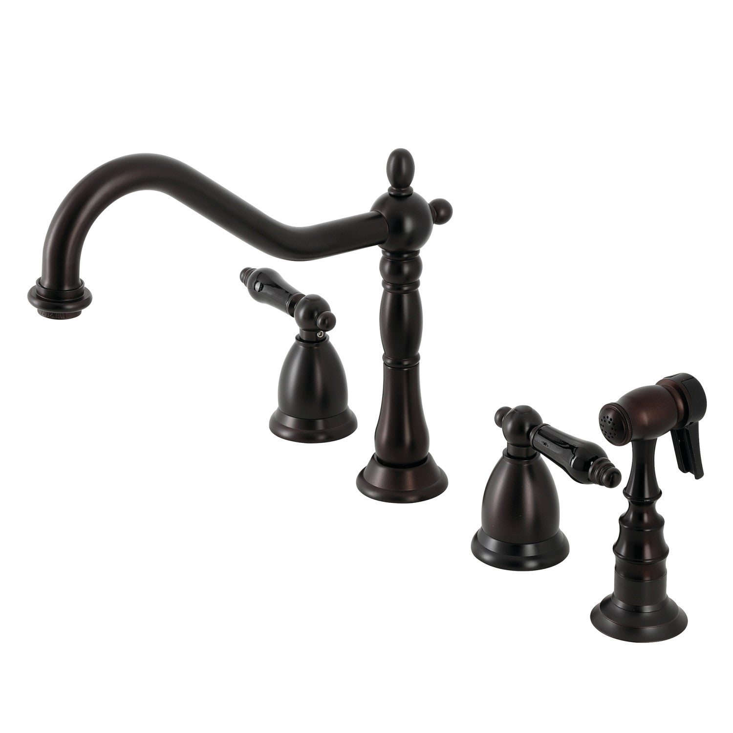 Kingston Heirloom KS1795PKLBS - Robinet de cuisine à double poignée 4 trous avec pulvérisateur en laiton, bronze frotté à l'huile