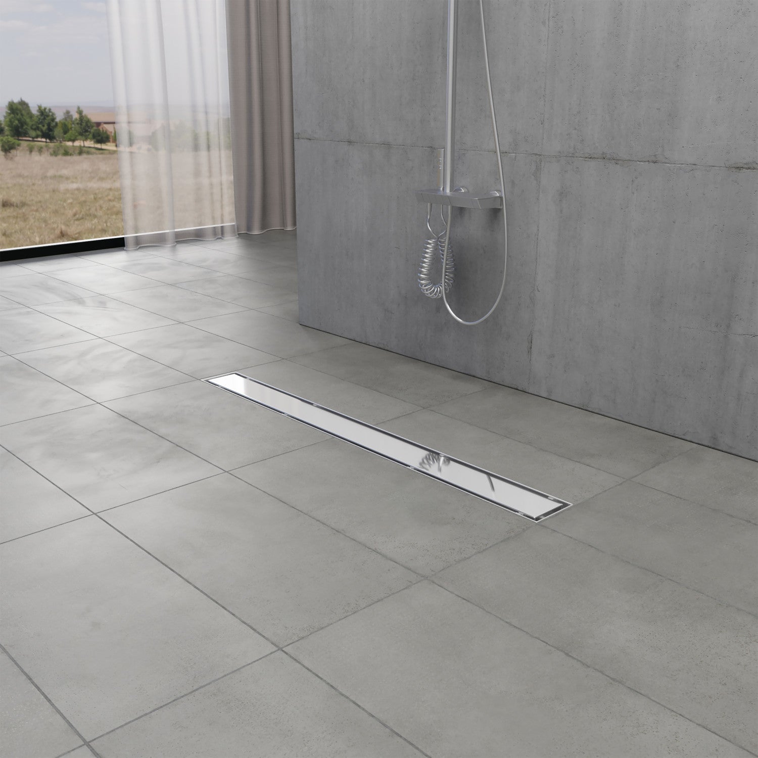 Kingston Watercourse BSFK2821 28-Inch Stainless Steel Linear Shower Drain with Reversible Tile Insert and Flat Grate, Drain with Base Flange and Hair Strainer, Polished Chrome