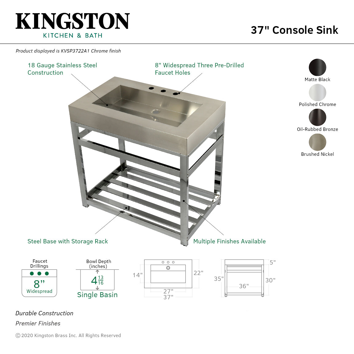 Kingston Kingston Commercial KVSP3722A5 37-Inch Stainless Steel Console Sink with Steel Base and Glass Shelf (8-Inch, 3-Hole), Brushed Stainless Steel/Oil Rubbed Bronze