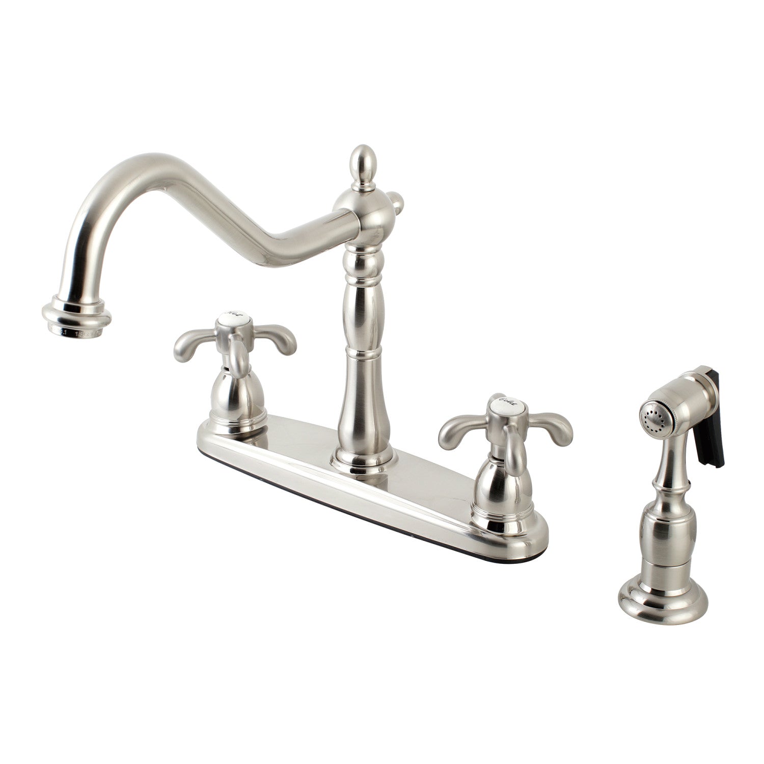 Kingston Heirloom KB1758TXBS - Robinet de cuisine à deux poignées 4 trous 8" avec pulvérisateur en laiton, nickel brossé