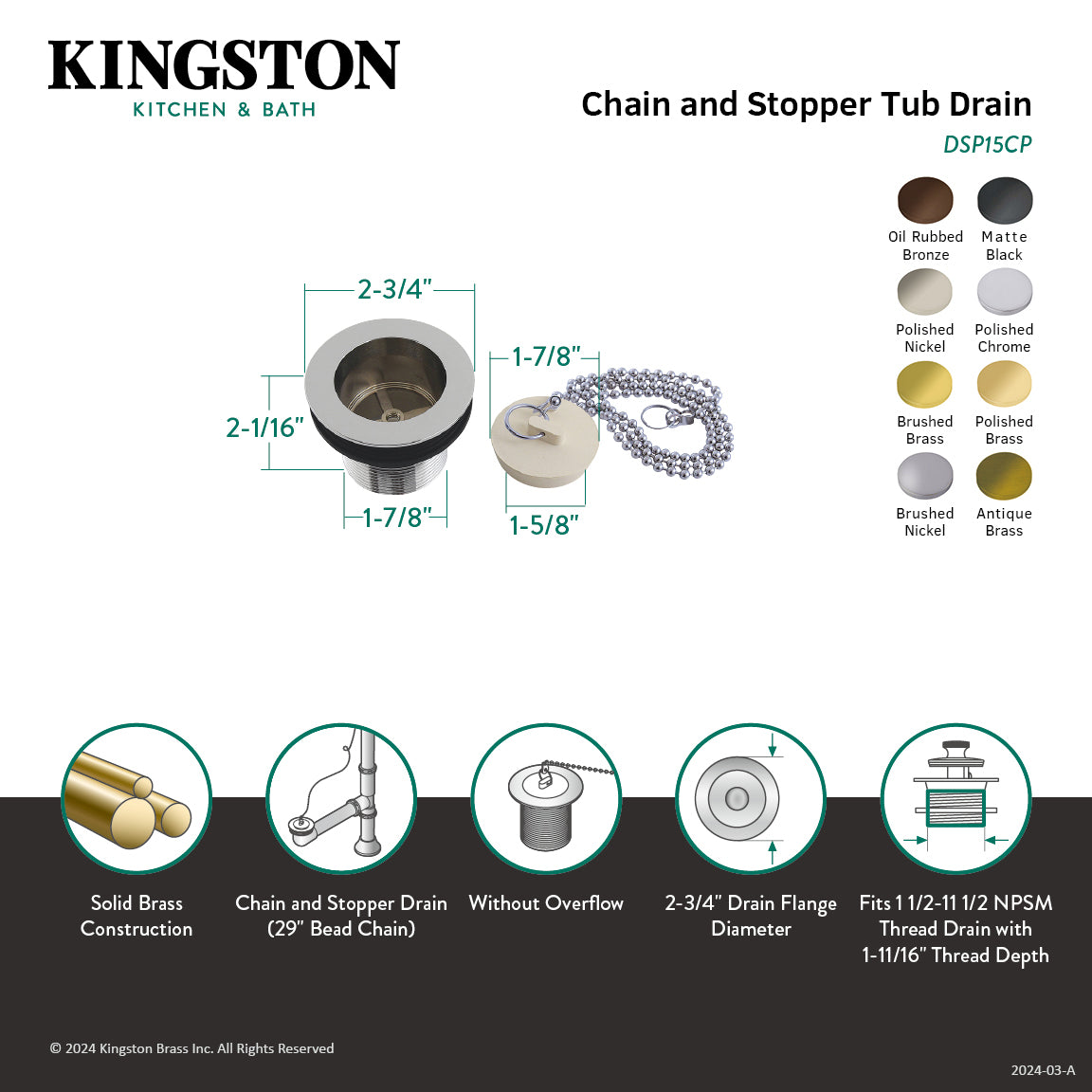 Kingston Heirloom DSP15CP - Made To Match 1-1/2-Inch Chain and Stopper Tub Drain with 1-1/2-Inch Body Thread, Polished Chrome