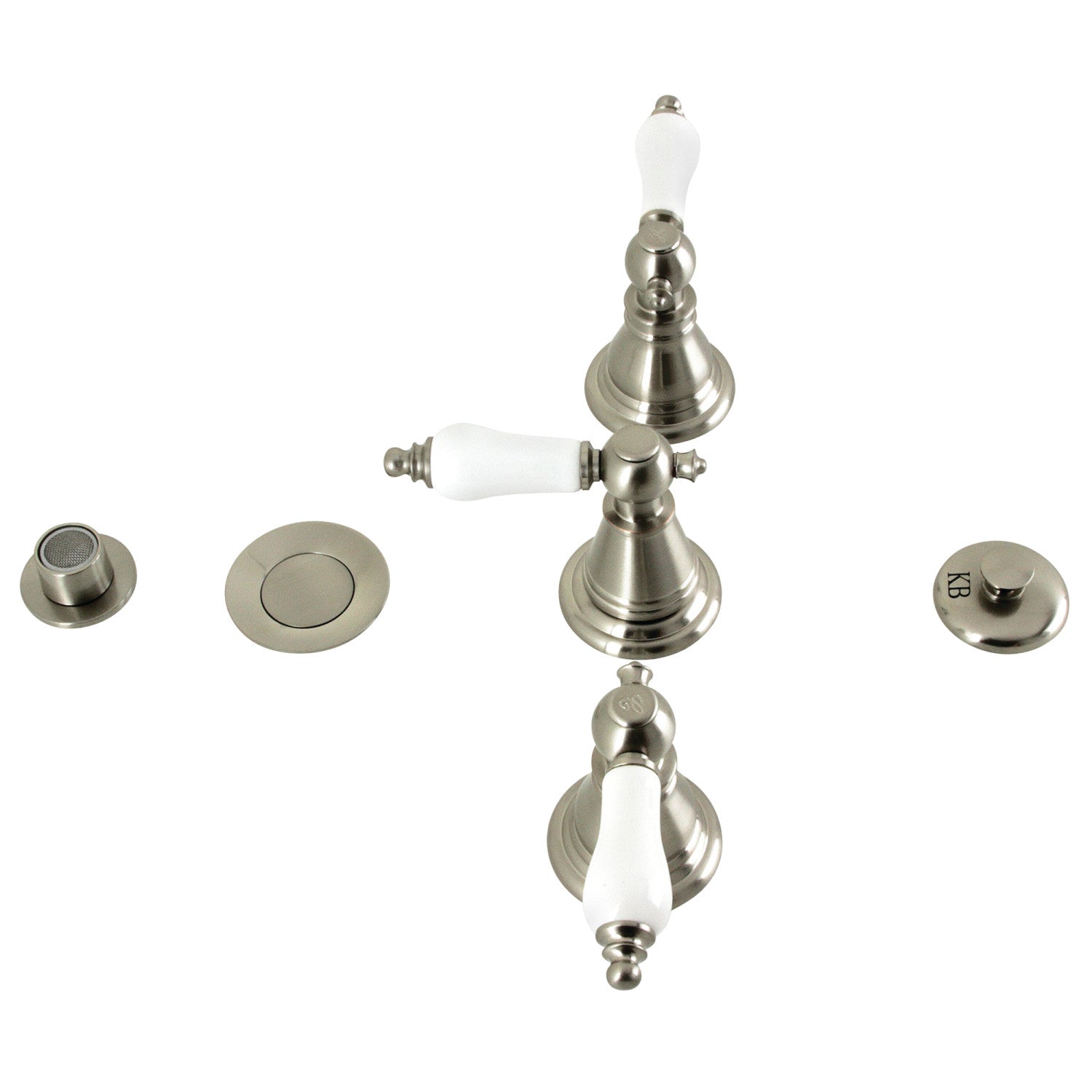 Kingston Heirloom KB328PL - Robinet de bidet vertical victorien à trois poignées avec couvercle en laiton, nickel brossé