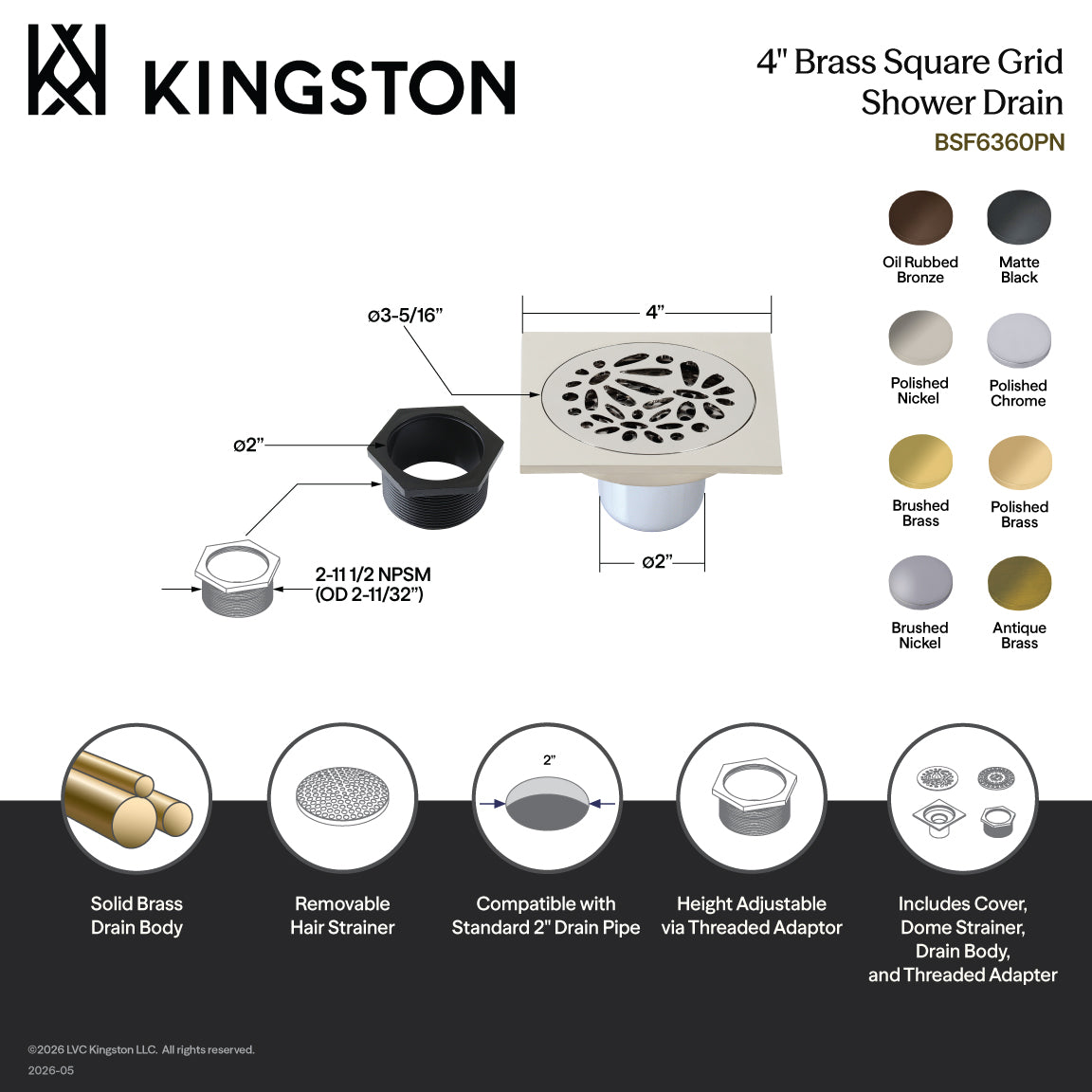 Kingston Watercourse BSF6360ORB 4-Inch Brass Square Grid Shower Drain with Hair Strainer, Oil Rubbed Bronze