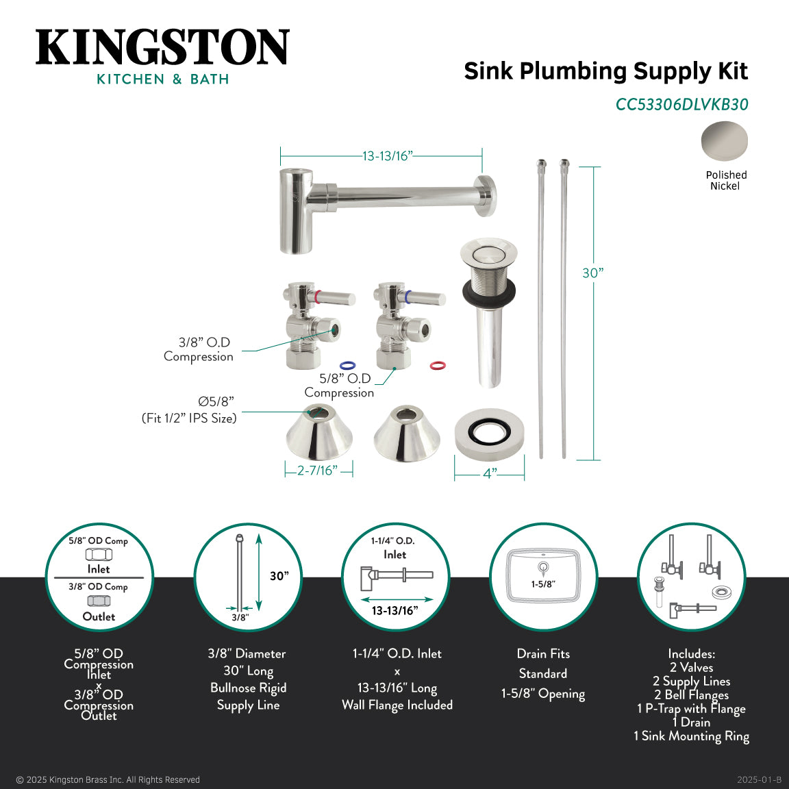 Kingston Sona CC53306DLVKB30 - Trimscape Modern Plumbing Sink Trim Kit with Bottle Trap and Drain, Polished Nickel