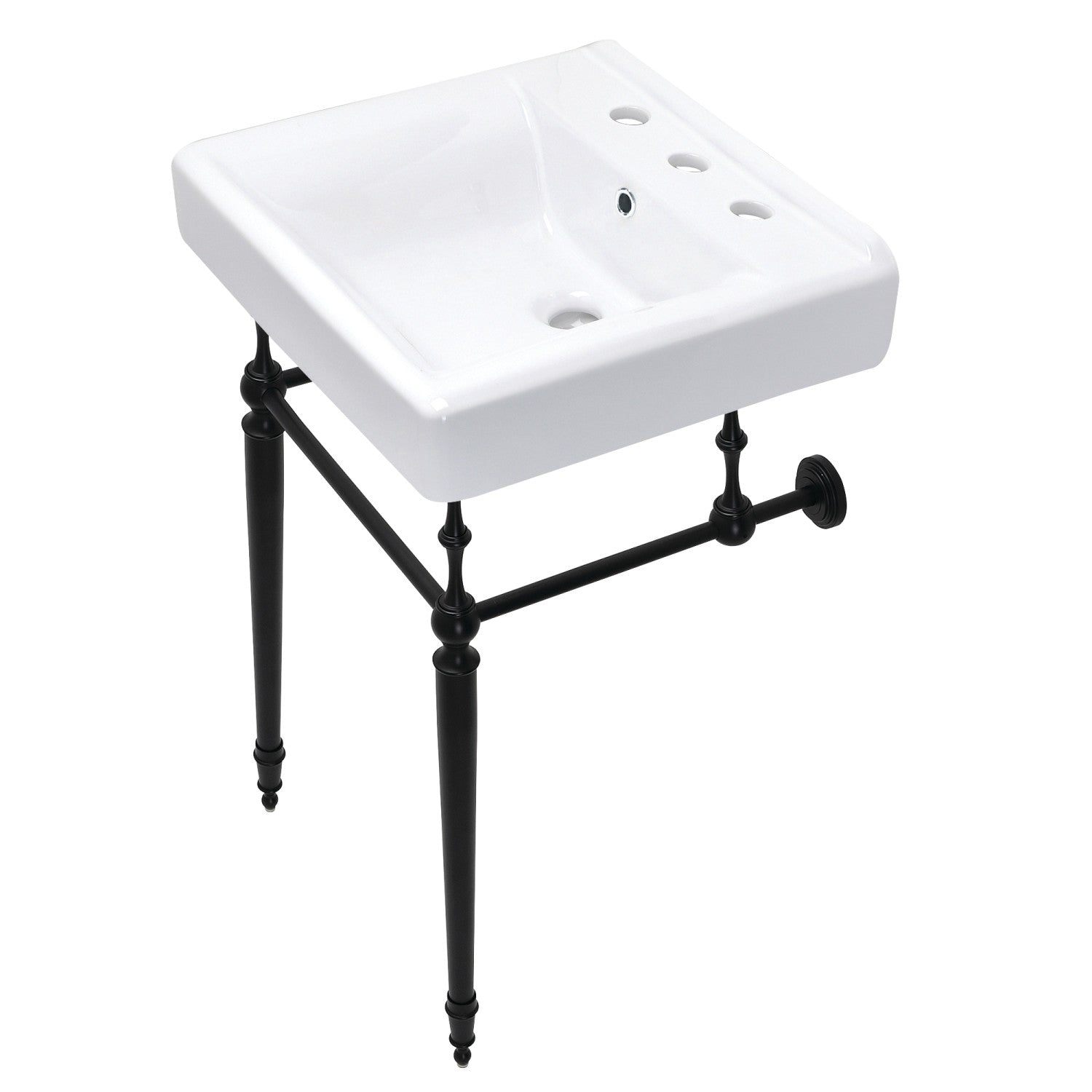 Kingston Heirloom KVPB2018W80 - Edwardian 20-Inch Porcelain Console Sink with Brass Legs (8-Inch, 3-Hole), White/Matte Black