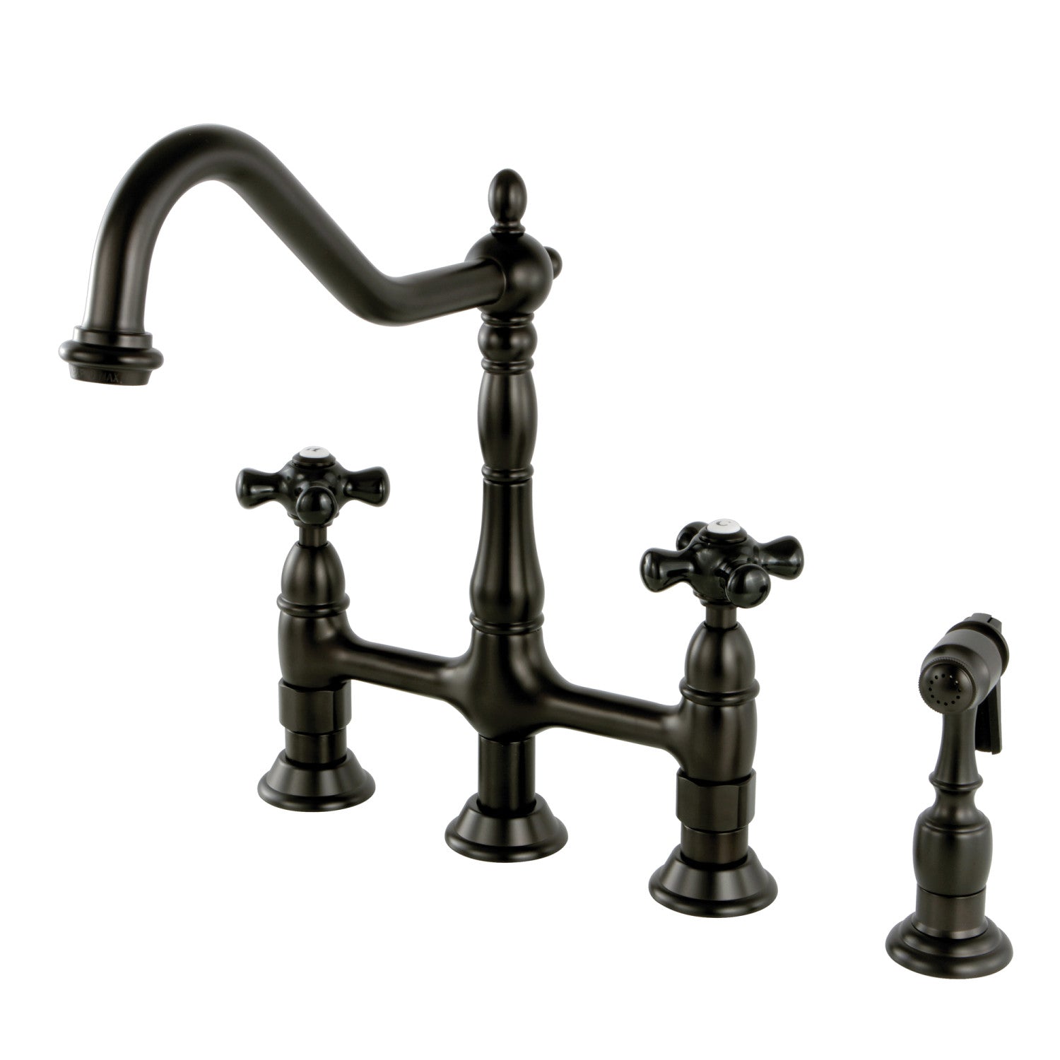Kingston Heirloom KS1275PKXBS - Robinet de cuisine à deux poignées 4 trous montage sur plage Bridge avec pulvérisateur en laiton, bronze frotté à l'huile