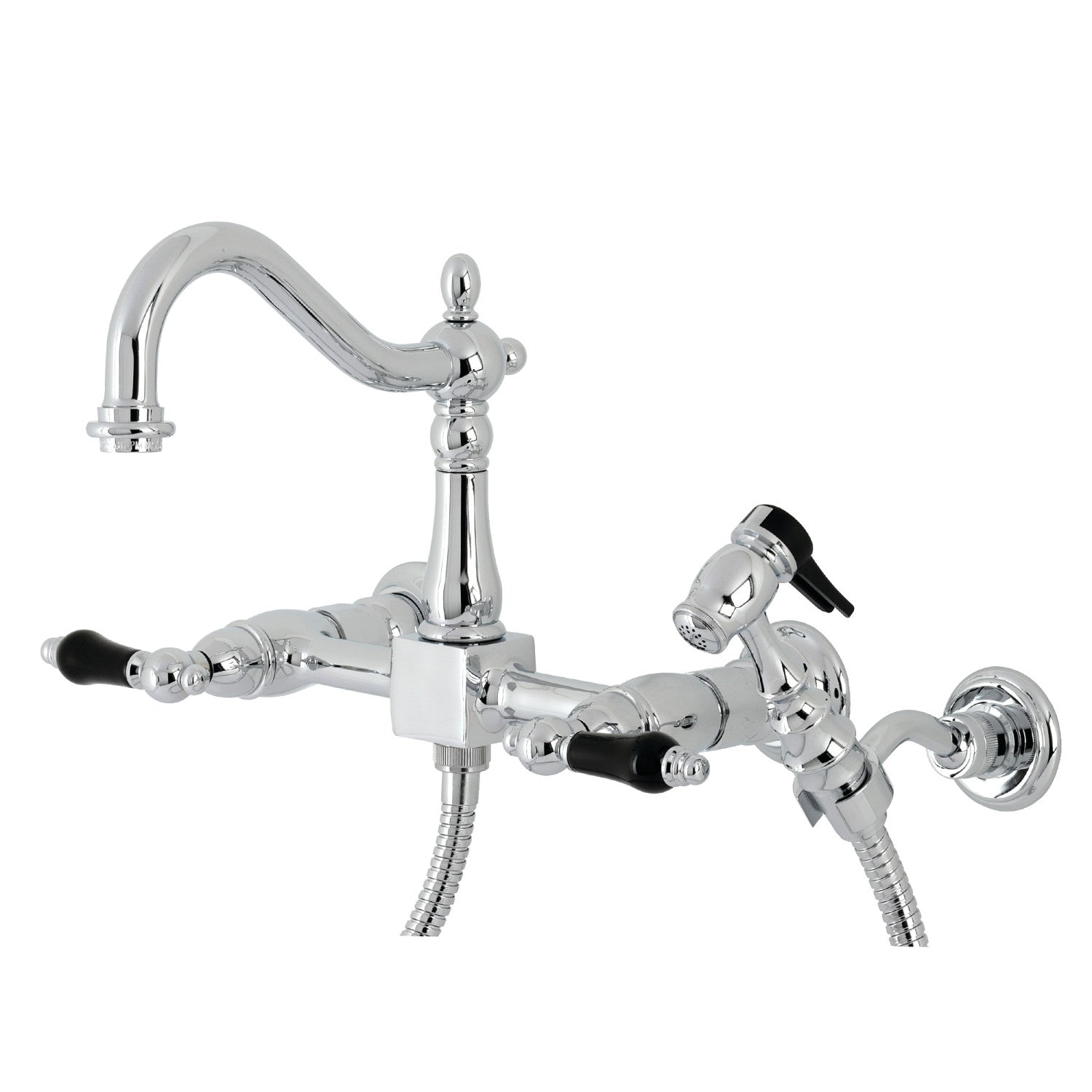 Kingston Heirloom KS1261PKLBS - Robinet de cuisine à deux poignées 3 trous Wall Mount Bridge avec pulvérisateur en laiton, chrome poli