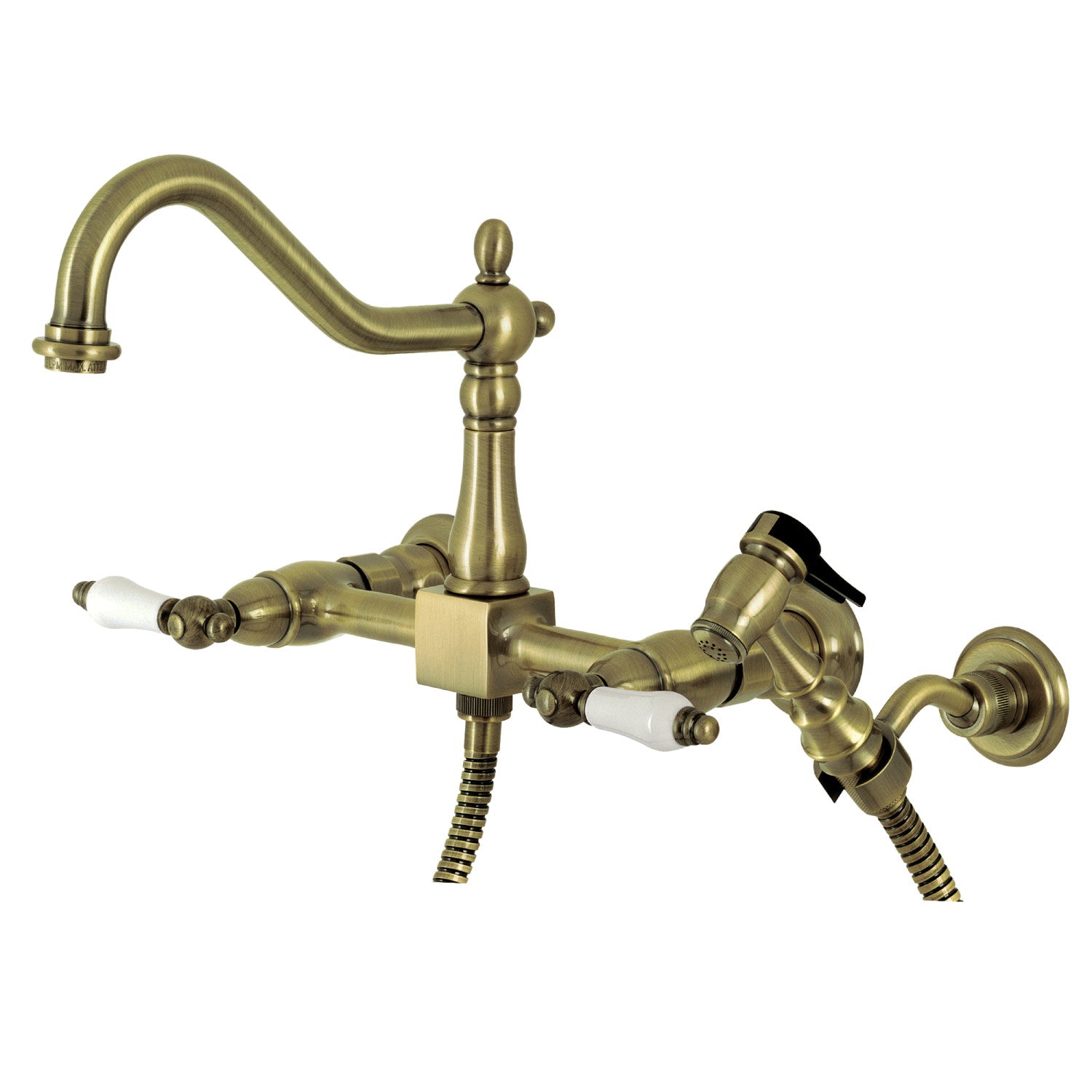 Kingston Heirloom KS1243PLBS - Robinet de cuisine à double poignée Heritage 3 trous Wall Mount Bridge avec pulvérisateur en laiton, laiton antique