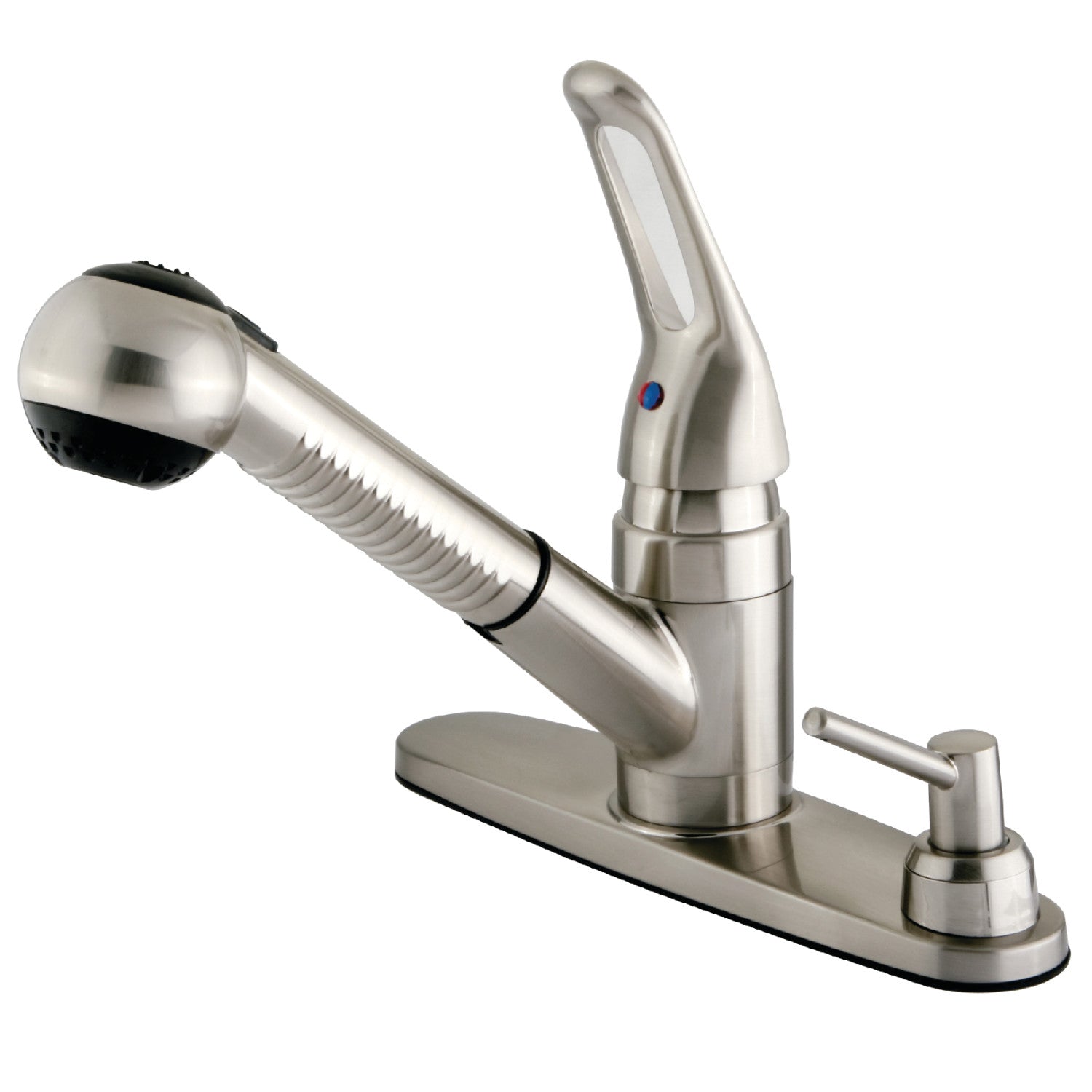 Kingston KB708SPDK Robinet de cuisine extractible à une poignée 3 trous avec distributeur de savon, nickel brossé