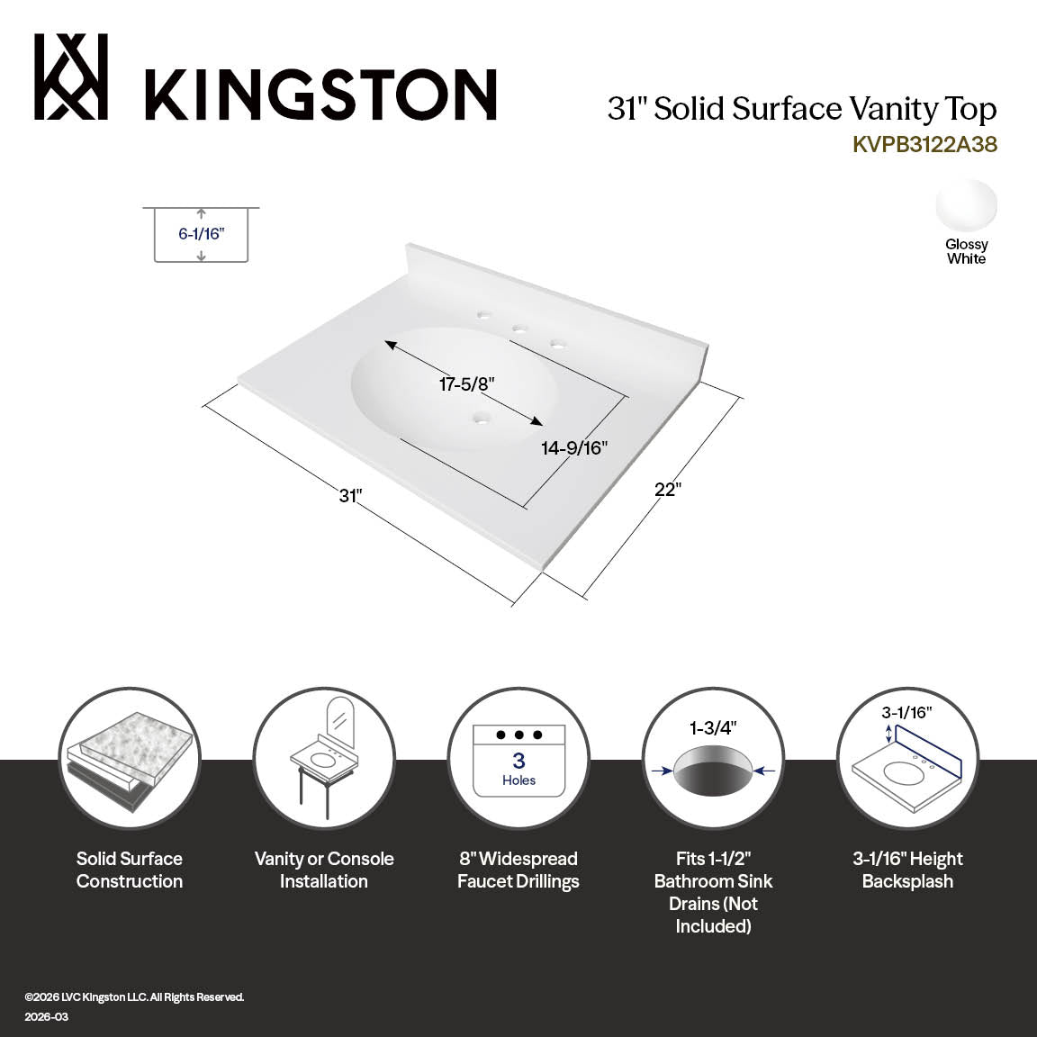 Kingston Sona KVPB3122A38 - Wimbeldon 31-Inch Solid Surface Vanity Top (8" Faucet Drillings), Glossy White