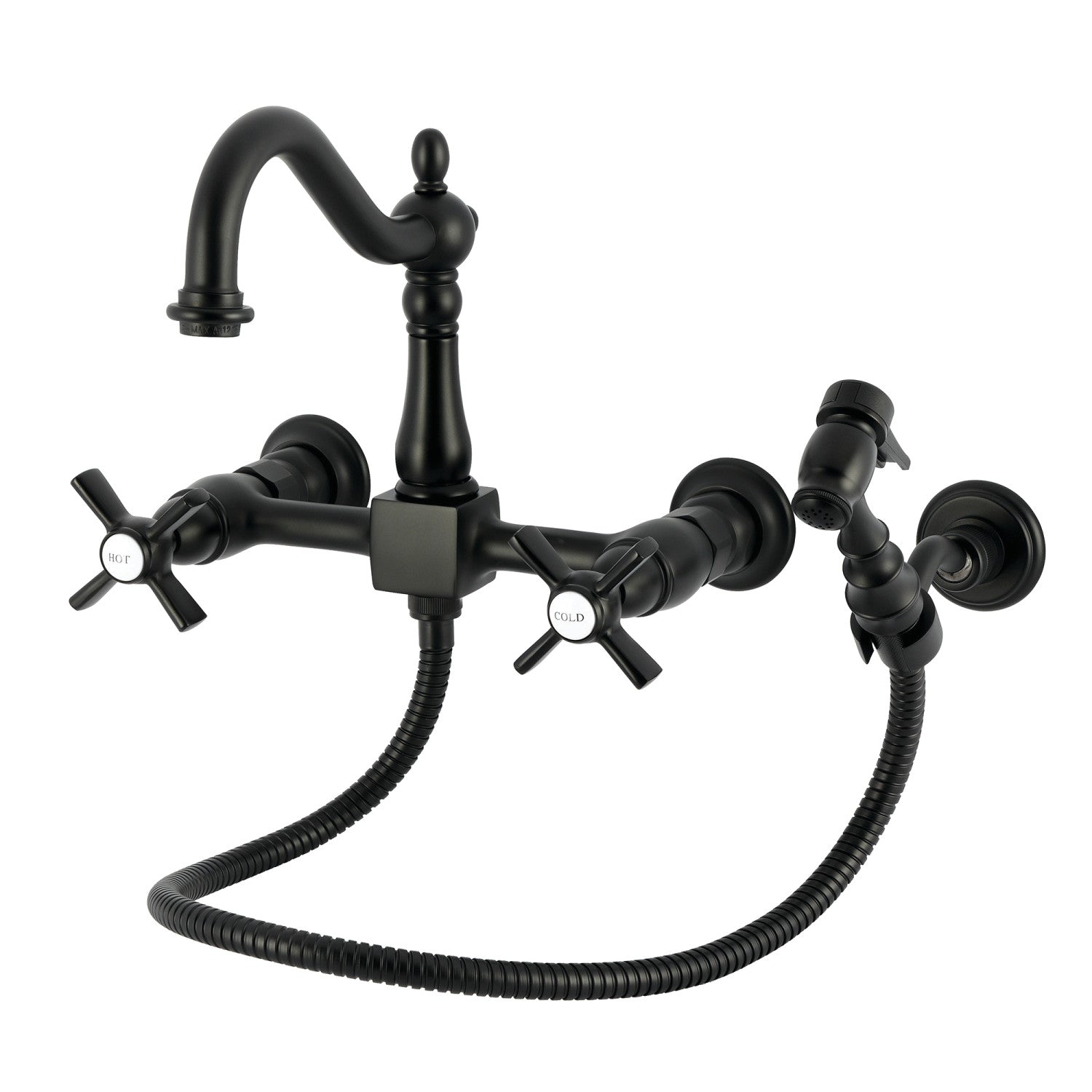 Kingston Heirloom KS1260ZXBS - Robinet de cuisine à double poignée Millennium 3 trous Wall Mount Bridge avec pulvérisateur en laiton, noir mat