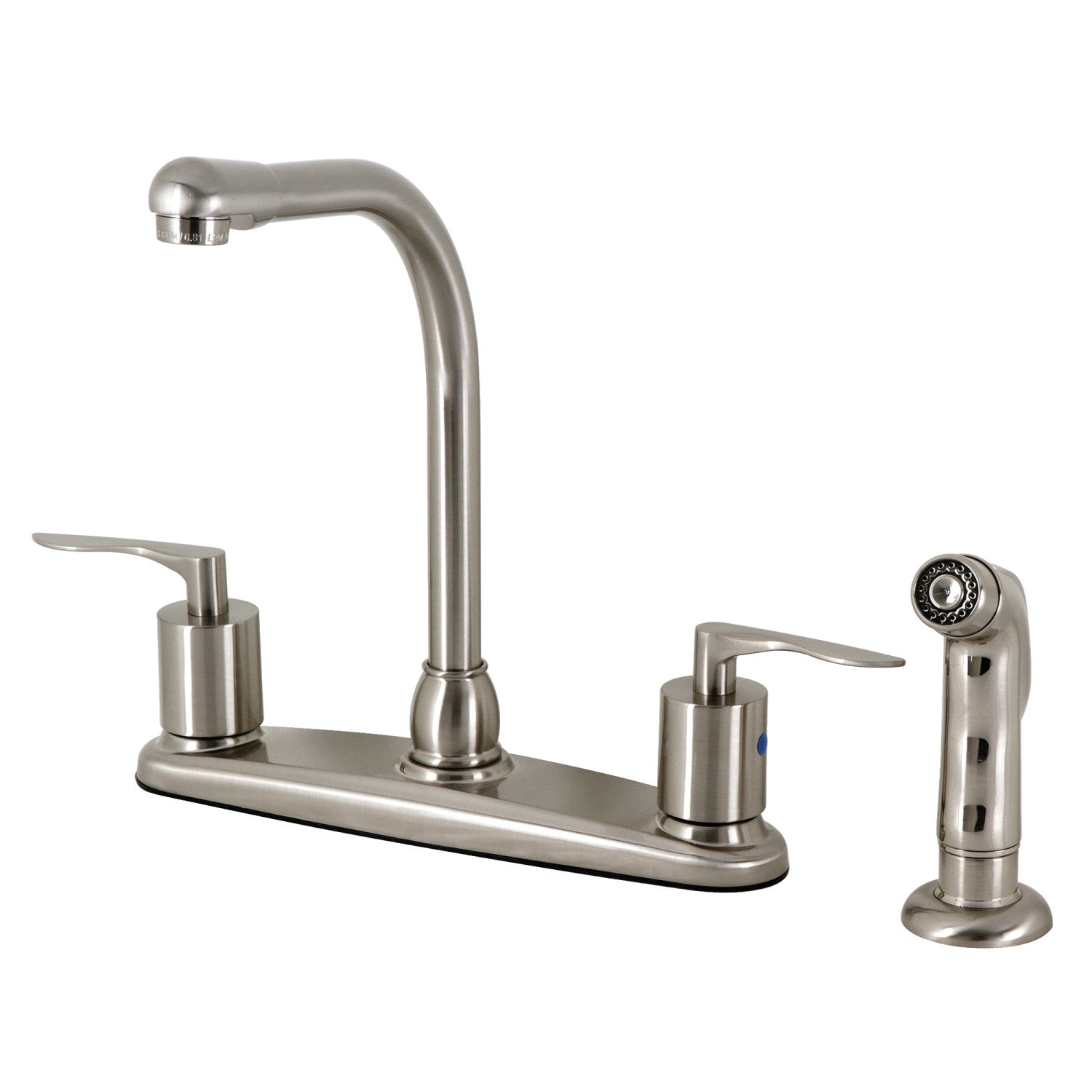 Kingston Tulare FB758SVLSP - Serena Robinet de cuisine à deux poignées 4 trous 8" avec pulvérisateur latéral en plastique, nickel brossé