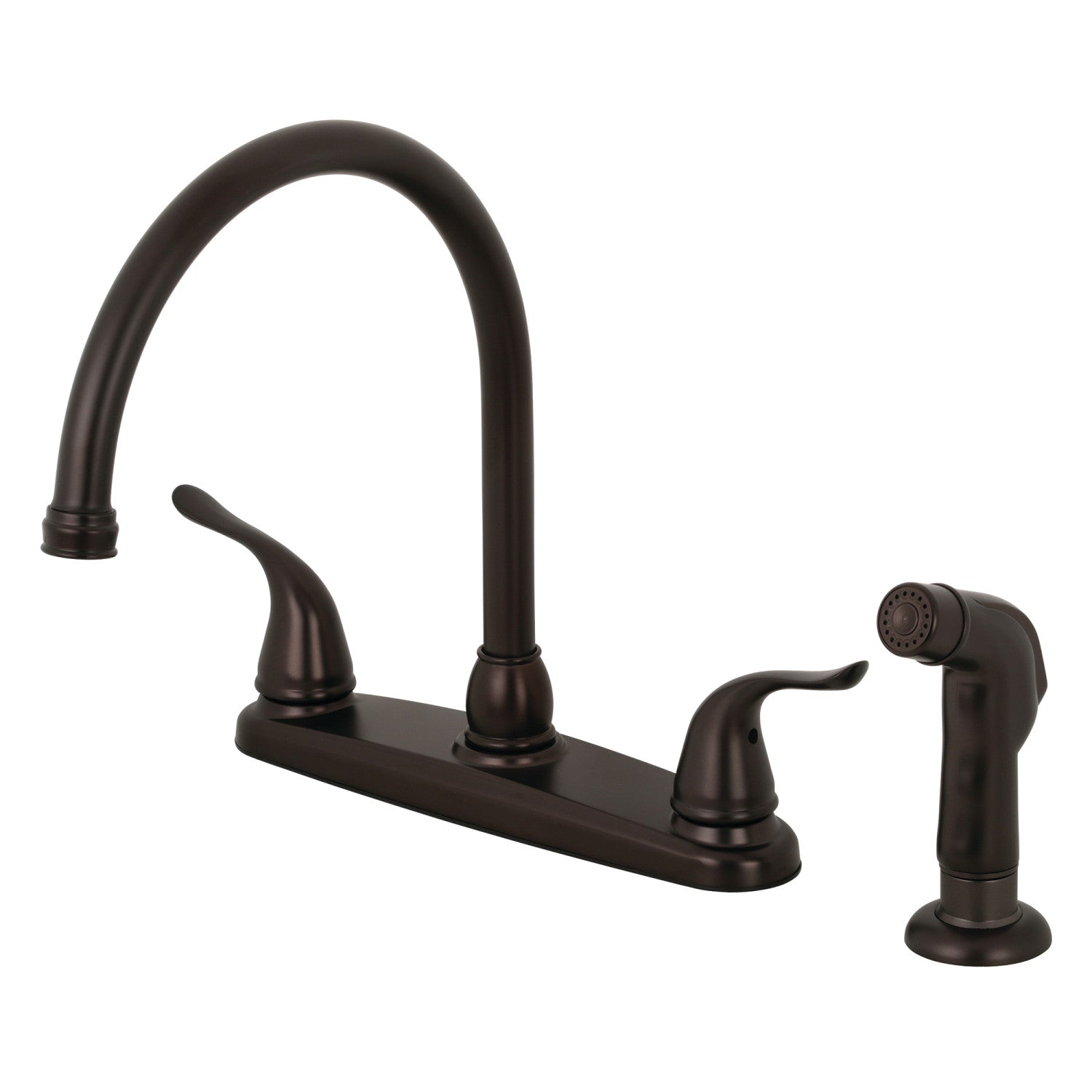 Kingston Tulare KB795YLSP - Robinet de cuisine à deux poignées Yosemite 4 trous 8" avec pulvérisateur latéral, bronze frotté à l'huile