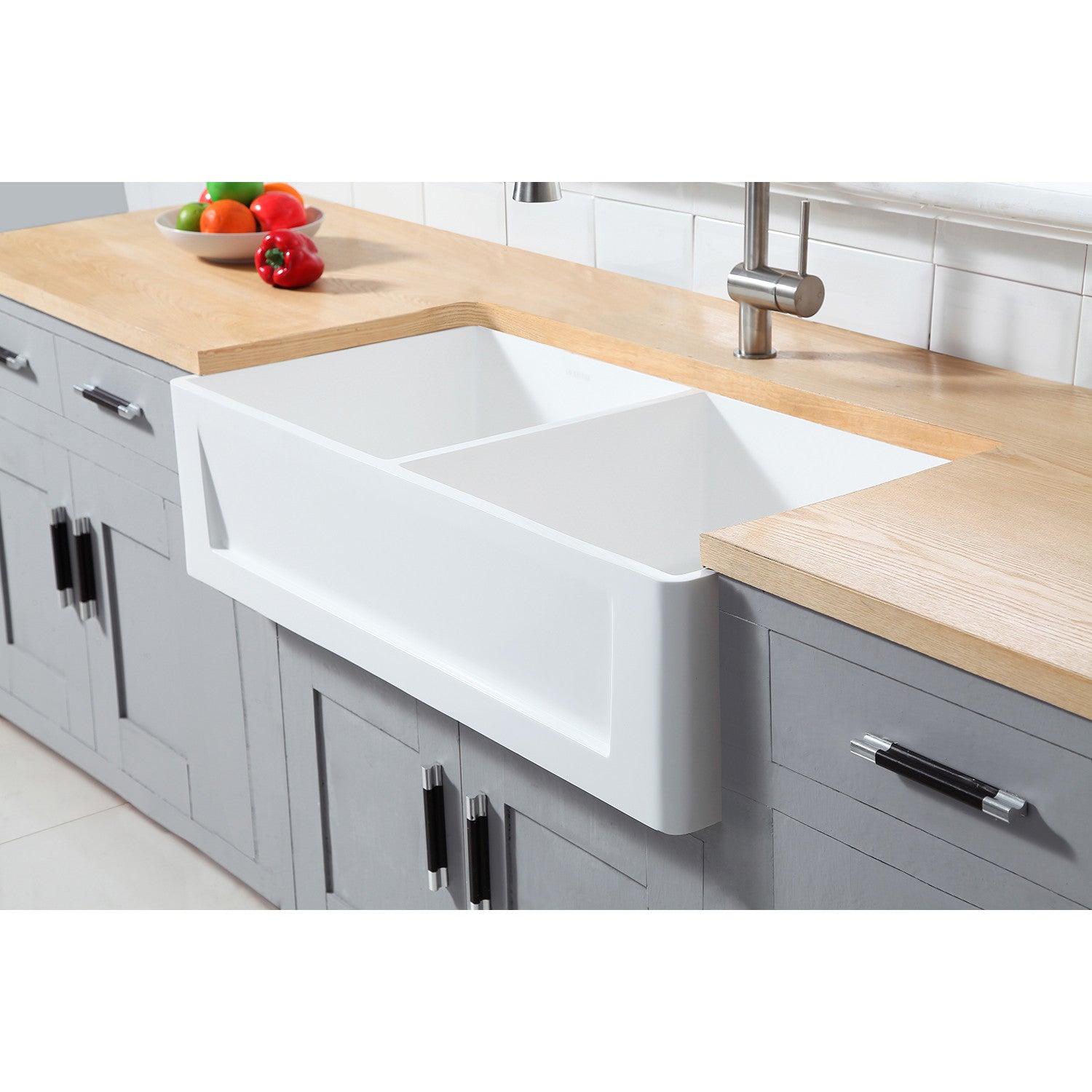 Kingston Arcticstone GKFA361810SQD 36-Inch Solid Surface White Stone Apron-Front Double Bowl Farmhouse Kitchen Sink with Strainers x 2, Matte White