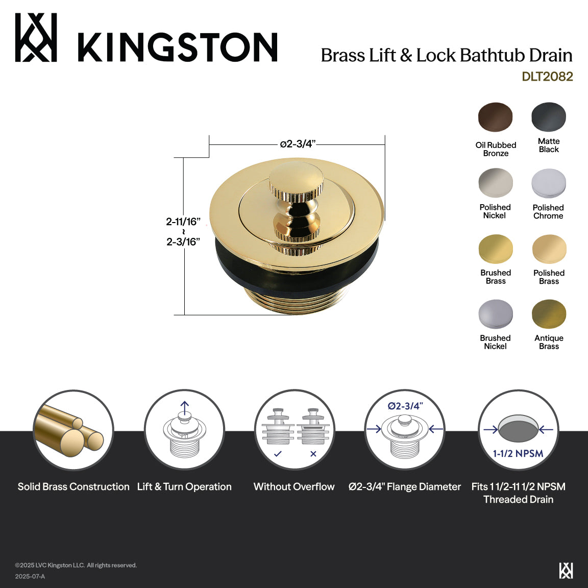 Kingston Heirloom DLT2083 1-1/2-Inch Brass Lift & Lock Bathtub Drain, Antique Brass