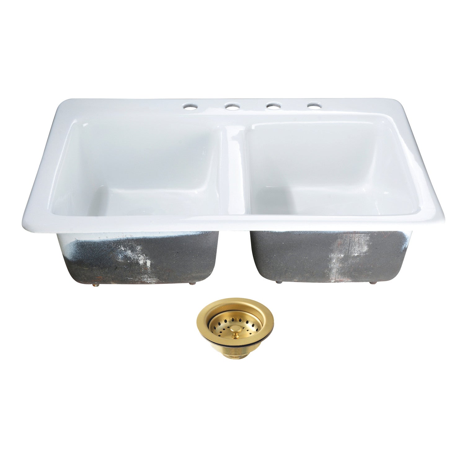 Kingston Heirloom KGT33229D47 - Petra Galley 33-Inch Cast Iron Self-Rimming Double Bowl Drop-In Kitchen Sink (4-Hole) with Basket Strainers x 2, White/Brushed Brass