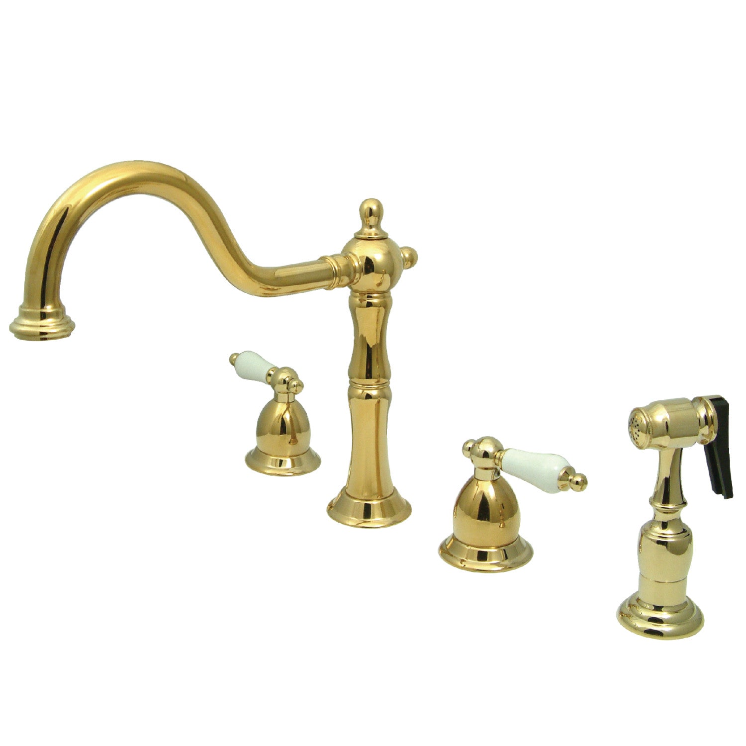 Kingston Heirloom KB1792PLBS - Robinet de cuisine à double poignée Heritage 4 trous avec pulvérisateur en laiton, laiton poli