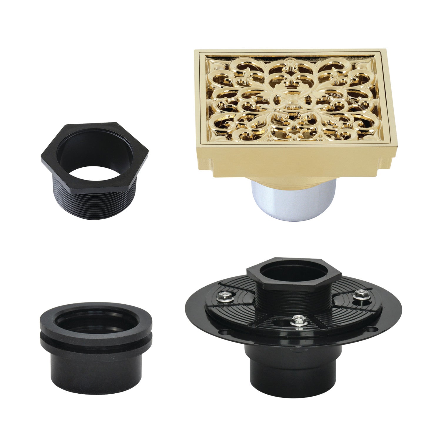 Kingston Watercourse BSFK9771PB 4-Inch Brass Square Grid Shower Drain with Hair Strainer and Base Flange, Polished Brass