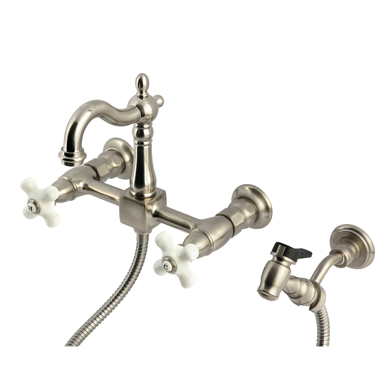 Kingston Heirloom KS2448PXBS - Robinet de cuisine à deux poignées Heritage 3 trous avec pulvérisateur en laiton, nickel brossé