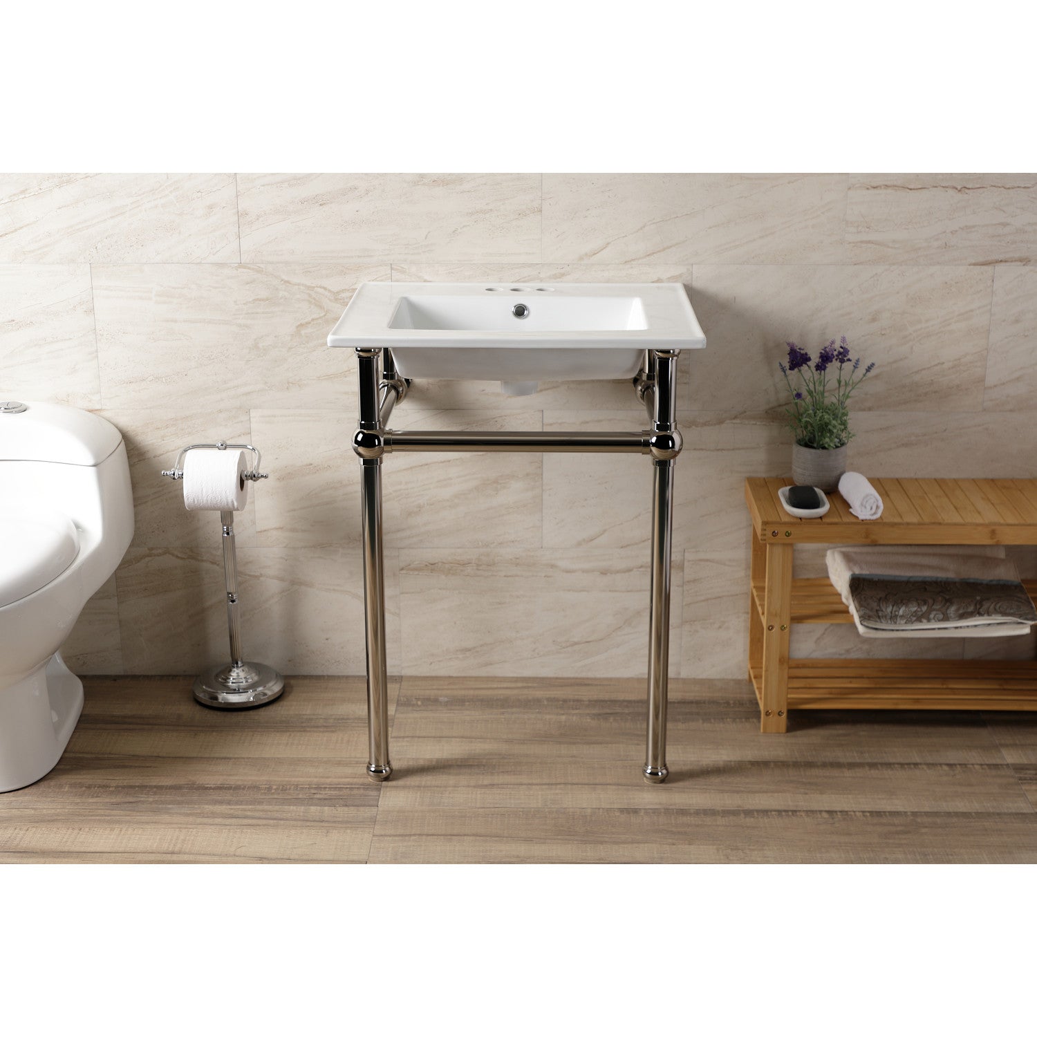 Kingston Heirloom KVBH25227W4B6 - Templeton 25-Inch Ceramic Console Sink with Brass Legs (4-Inch, 3-Hole), White/Polished Nickel