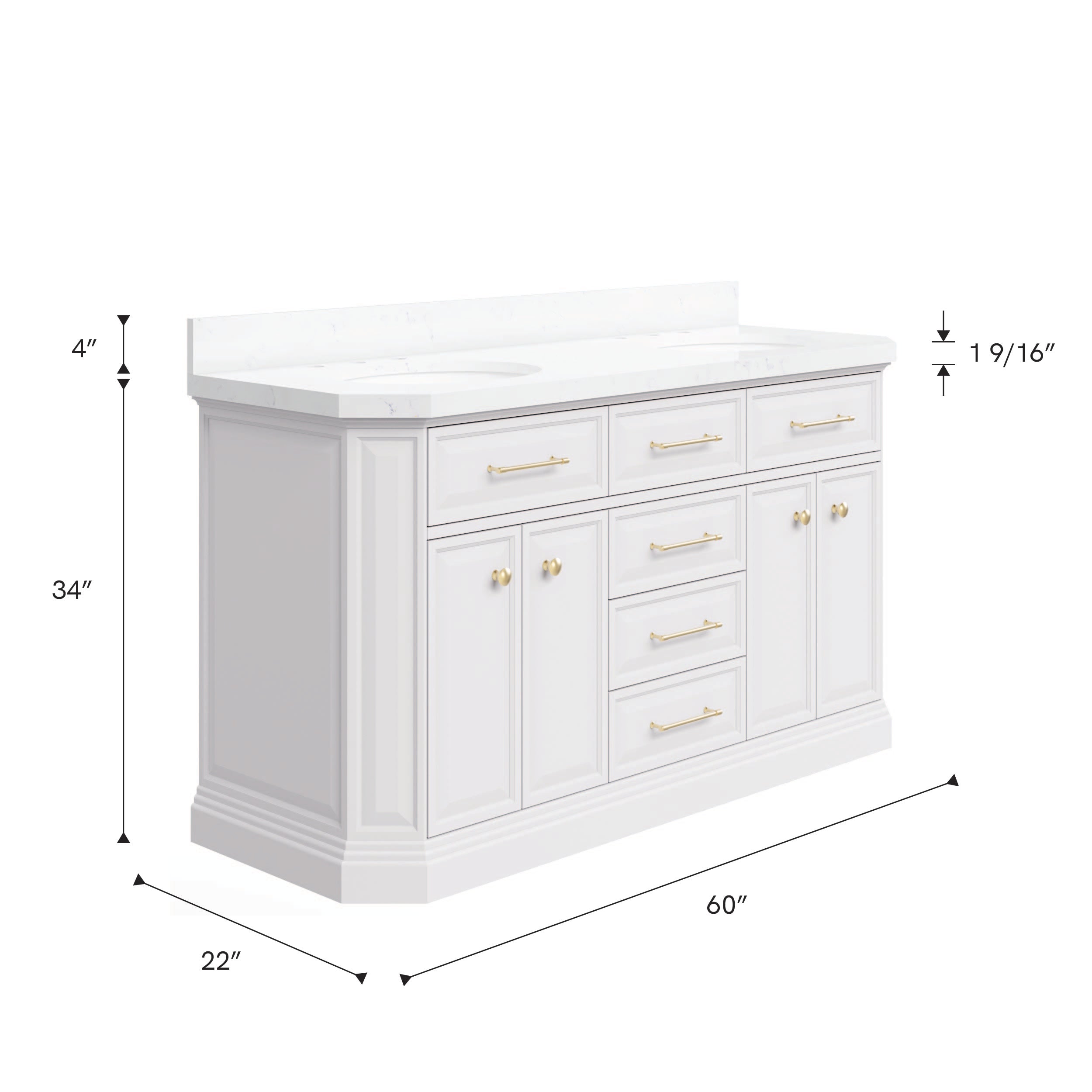 Kingston Luxe PA60QZ06PW - 60 in. x 22 in. Bathroom Vanity Quartz Top and White Basin, Pure White