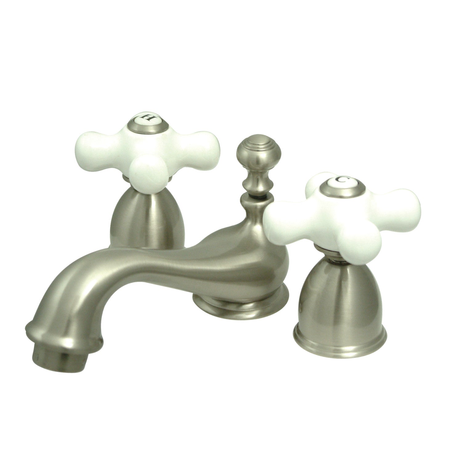 Kingston Heirloom KS3958PX - Restoration Two-Handle 3-Hole Deck Mount Mini-Widespread Bathroom Faucet with Brass Pop-Up, Brushed Nickel