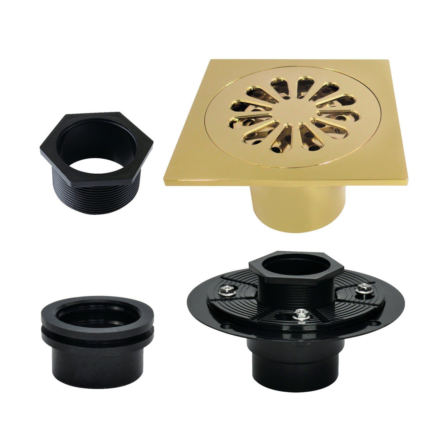 Kingston Watercourse BSFK4161BB 4-Inch Brass Square Grid Shower Drain with Hair Strainer and Base Flange, Brushed Brass