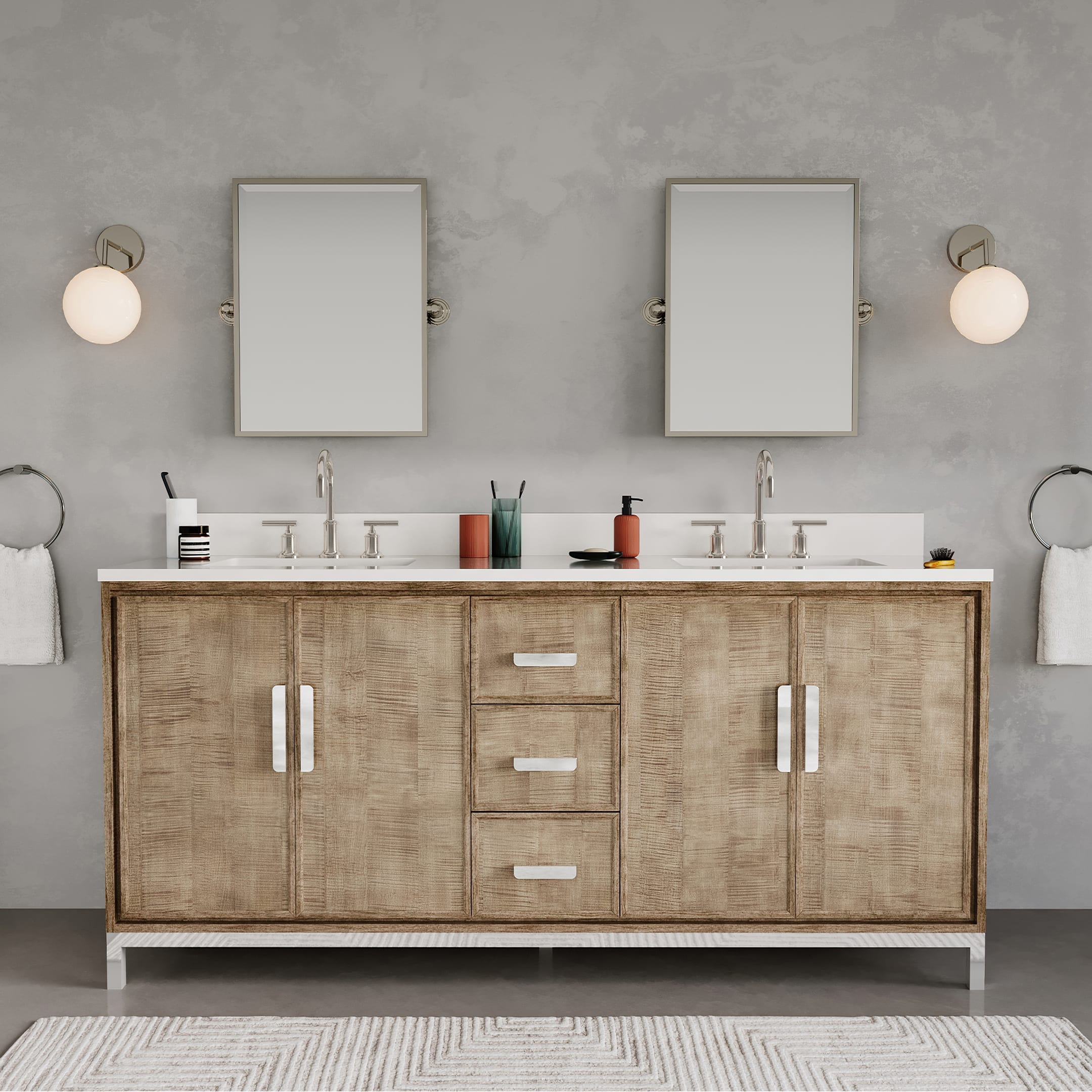 Kingston Luxe WE72QZ01LW - 72 in. x 22 in. Bathroom Vanity Double Sink with White Brook Quartz Top, Lustrous Walnut