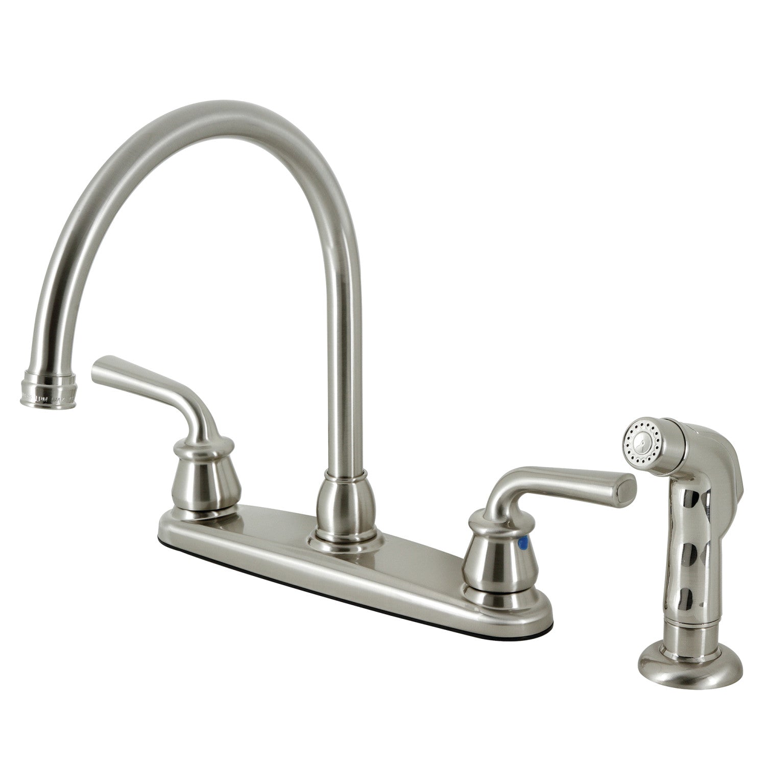 Kingston Tulare KB728RXLSP - Robinet de cuisine central à deux poignées 4 trous 8 avec pulvérisateur latéral, nickel brossé