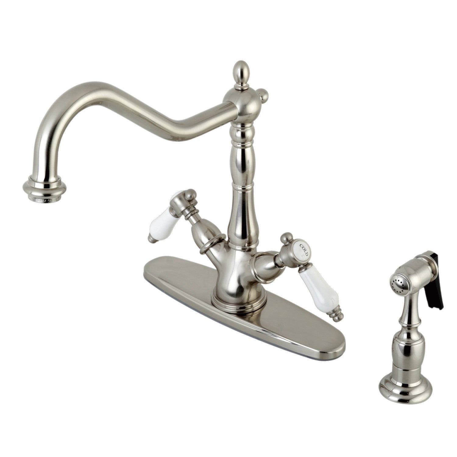 Kingston Heirloom KS1238BPLBS - Robinet de cuisine Bel-Air à deux poignées 2-or-4 avec pulvérisateur en laiton, nickel brossé