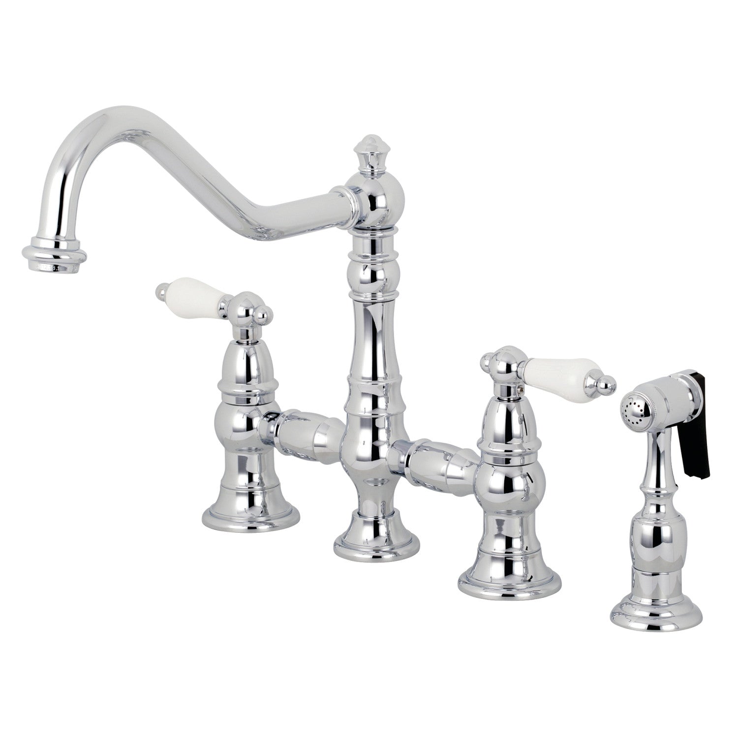Kingston Heirloom KS3271PLBS - Robinet de cuisine à deux poignées de restauration 4 trous montage sur plage Bridge avec pulvérisateur en laiton, chrome poli