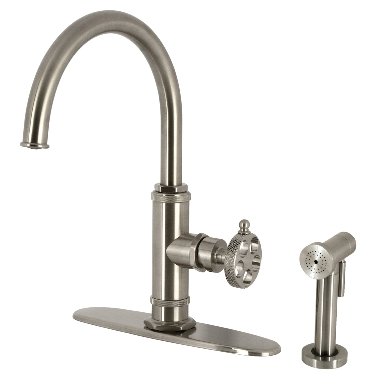 Kingston Sona KS2438RKX - Robinet de cuisine à une poignée avec poignée moletée et pulvérisateur latéral en laiton, nickel brossé