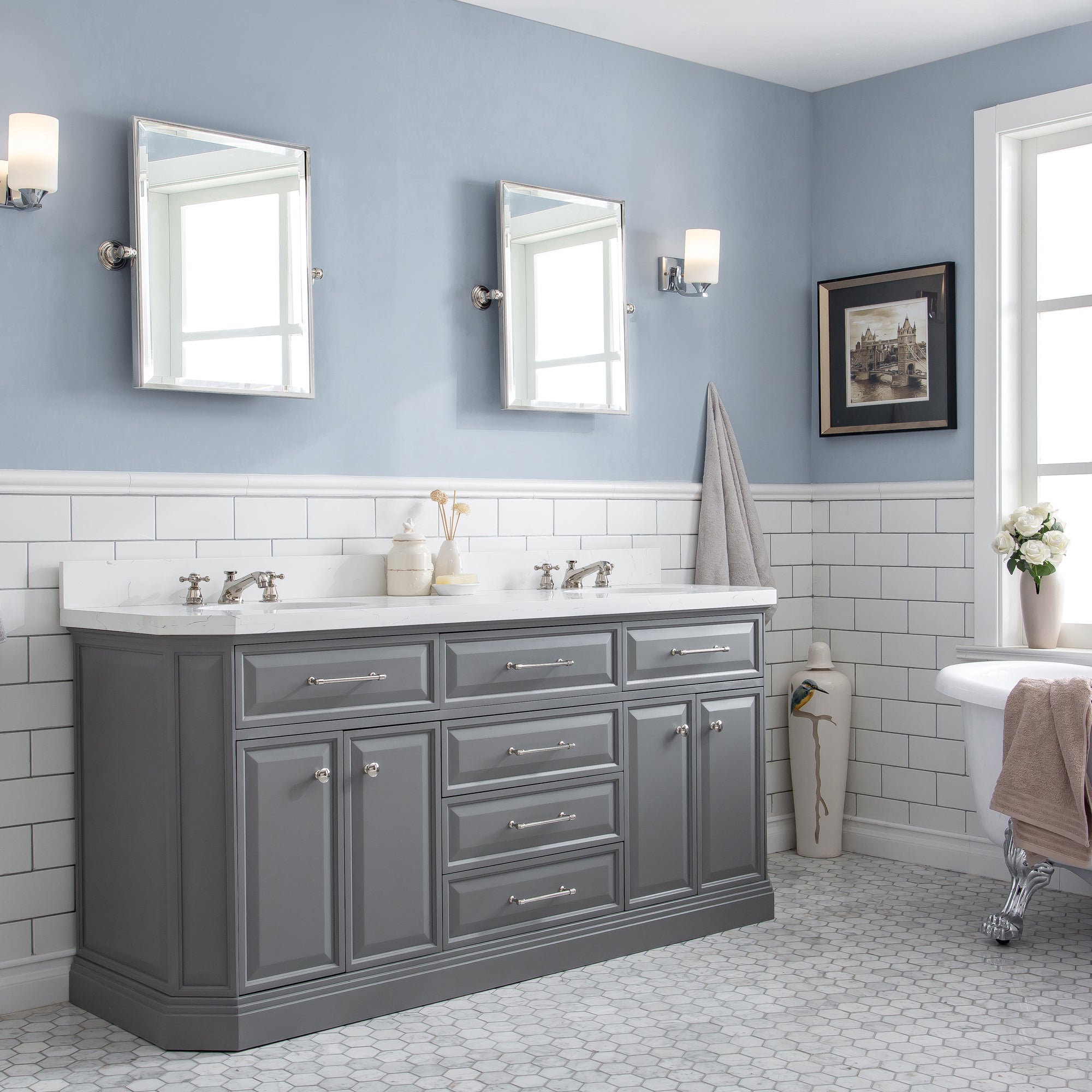 Kingston Luxe PA72QZ05CG - 72 in. x 22 in. Bathroom Vanity Quartz Top and White Basin, Cashmere Grey