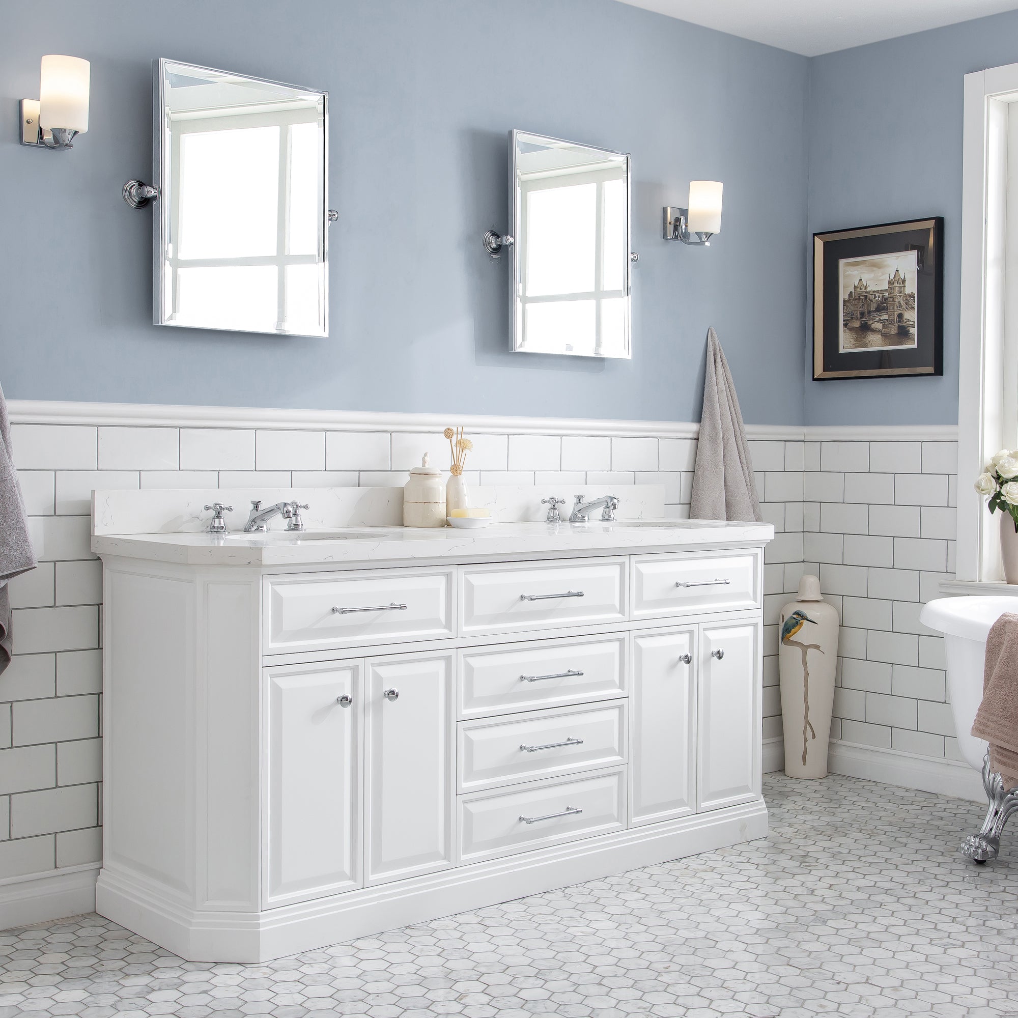 Kingston Luxe PA72QZ01PW - 72 in. x 22 in. Bathroom Vanity Quartz Top and White Basin, Pure White