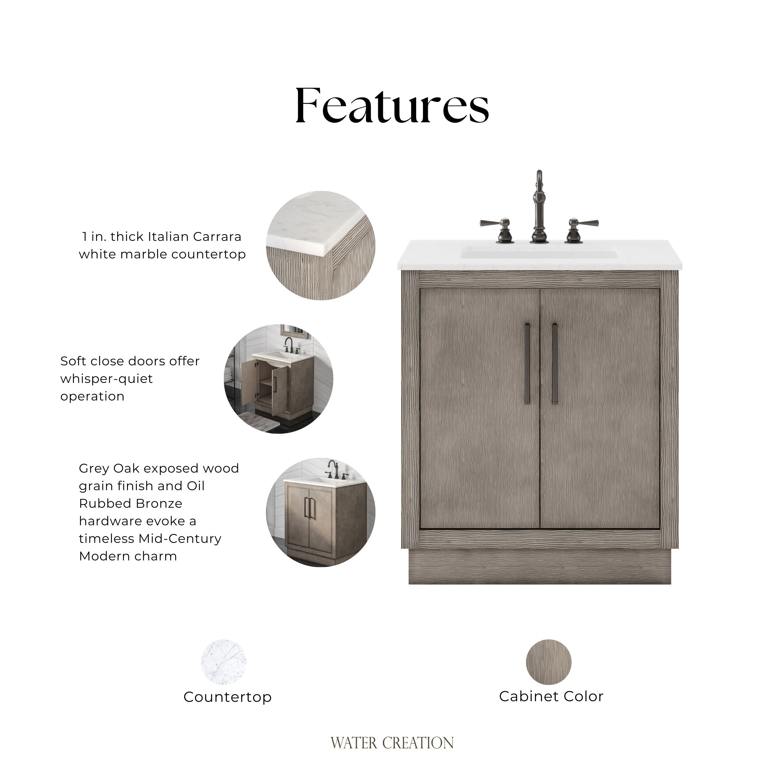 Kingston Luxe HU30CW03GK - 30 in. x 22 in. Bathroom Vanity White Marble Top and White Basin, Grey Oak