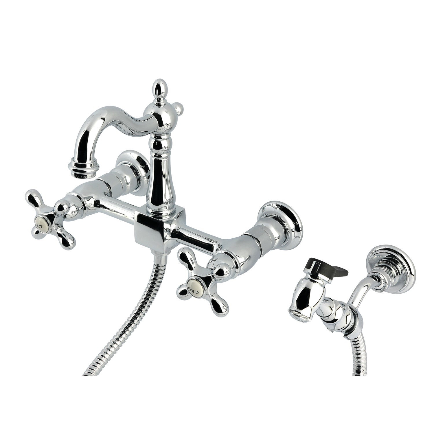 Kingston Heirloom KS2441AXBS - Robinet de cuisine à deux poignées Heritage 3 trous avec pulvérisateur en laiton, chrome poli