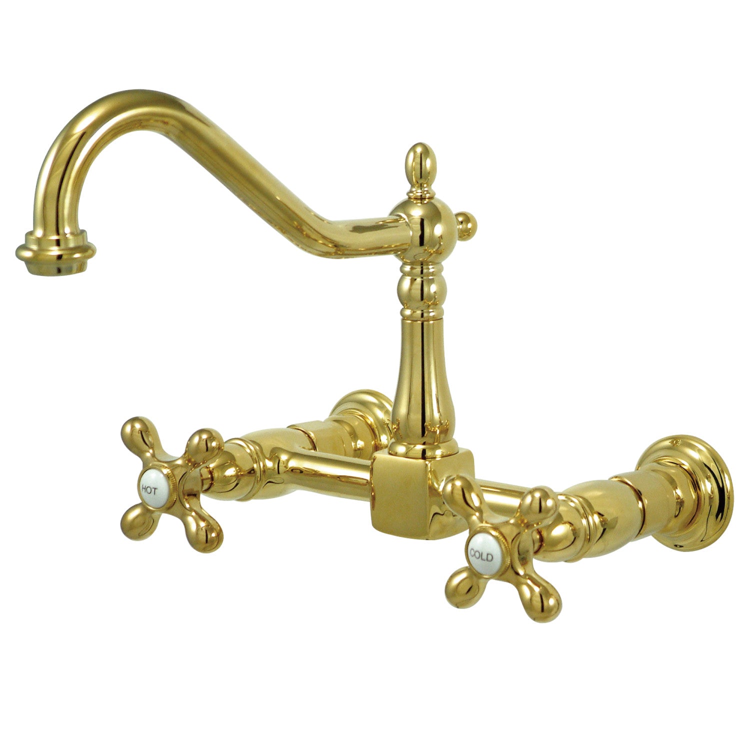 Kingston Heirloom KS1242AX - Robinet de cuisine à deux poignées Heritage 2 trous Wall Mount Bridge, laiton poli