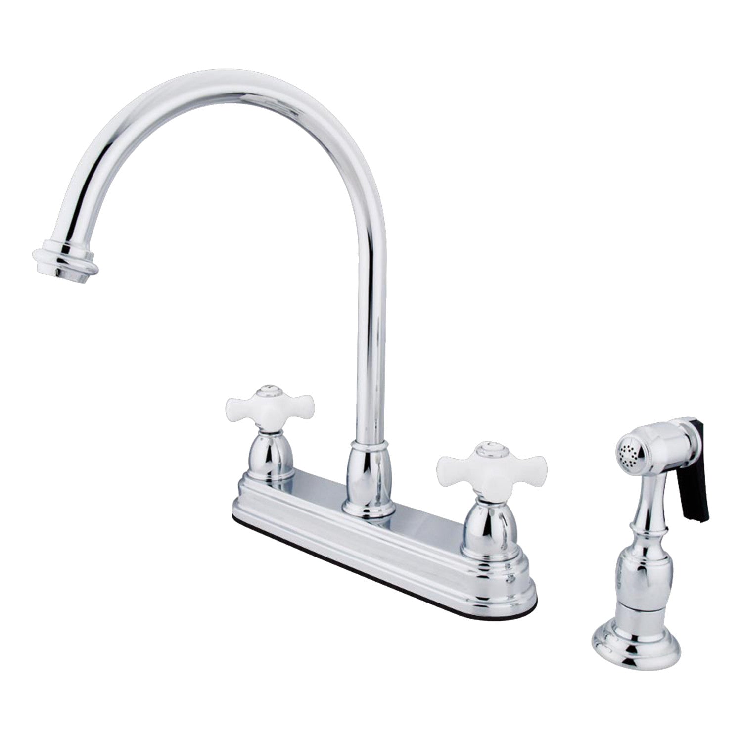 Kingston Heirloom KB3751PXBS - Robinet de cuisine central à deux poignées 4 trous 8 avec pulvérisateur en laiton, chrome poli
