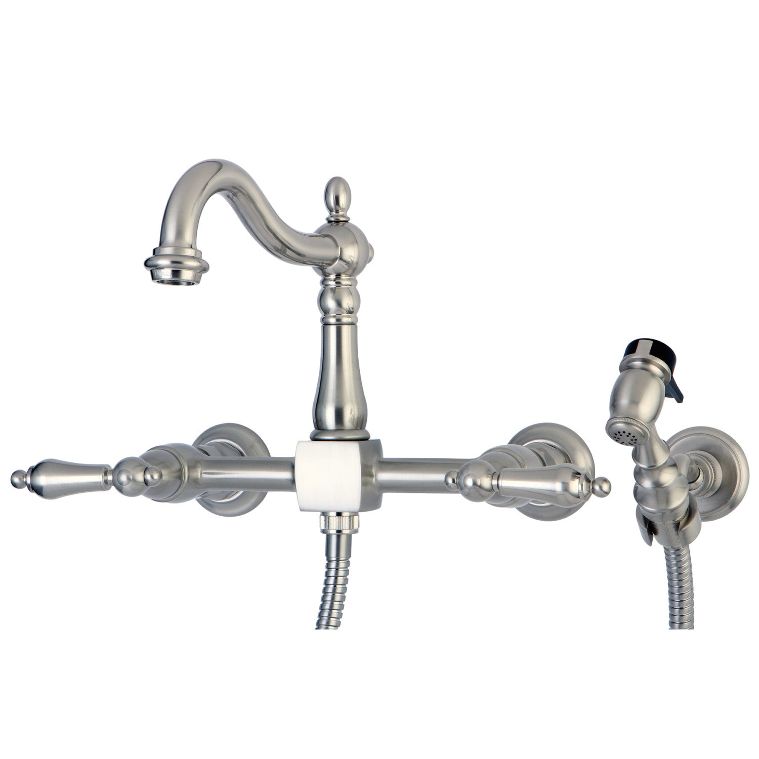 Kingston Heirloom KS1268ALBS - Robinet de cuisine à deux poignées Heritage 3 trous avec pulvérisateur en laiton, nickel brossé