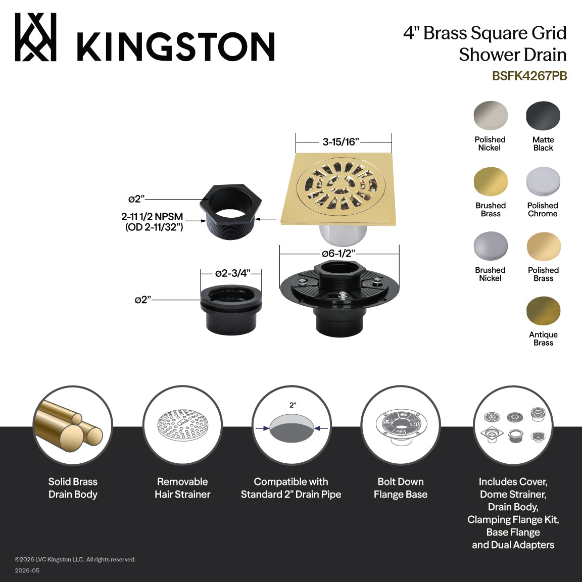 Kingston Watercourse BSFK4267BN 4-Inch Brass Square Grid Shower Drain with Flange, Brushed Nickel