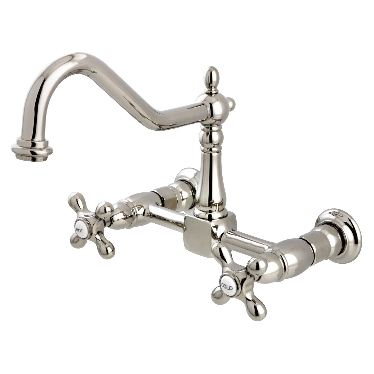 Kingston Heirloom KS1246AX - Robinet de cuisine à deux poignées Heritage 2 trous Wall Mount Bridge, nickel poli