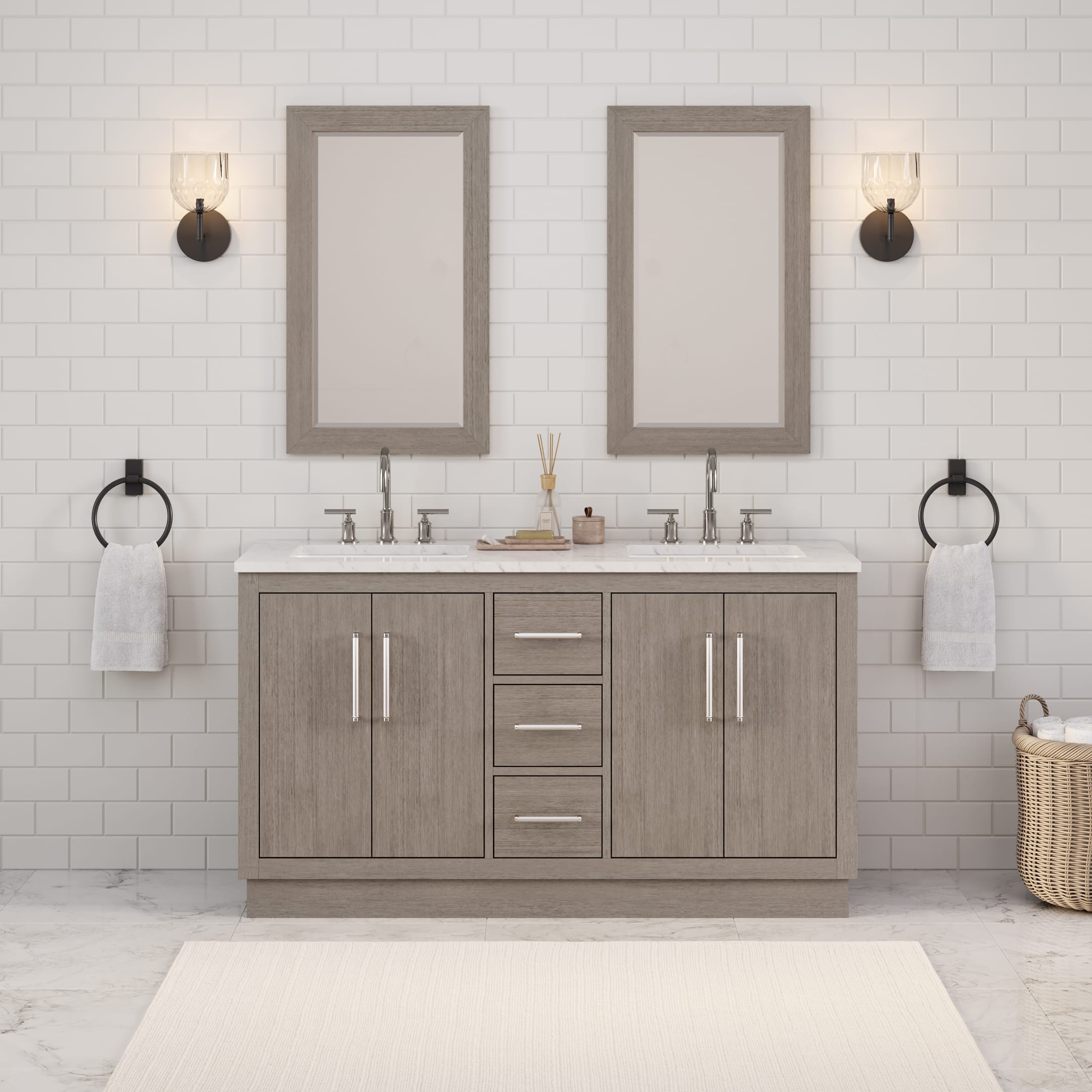 Kingston Luxe HU60CW01GK - 60 in. x 22 in. Bathroom Vanity Marble Top and White Basin, Grey Oak