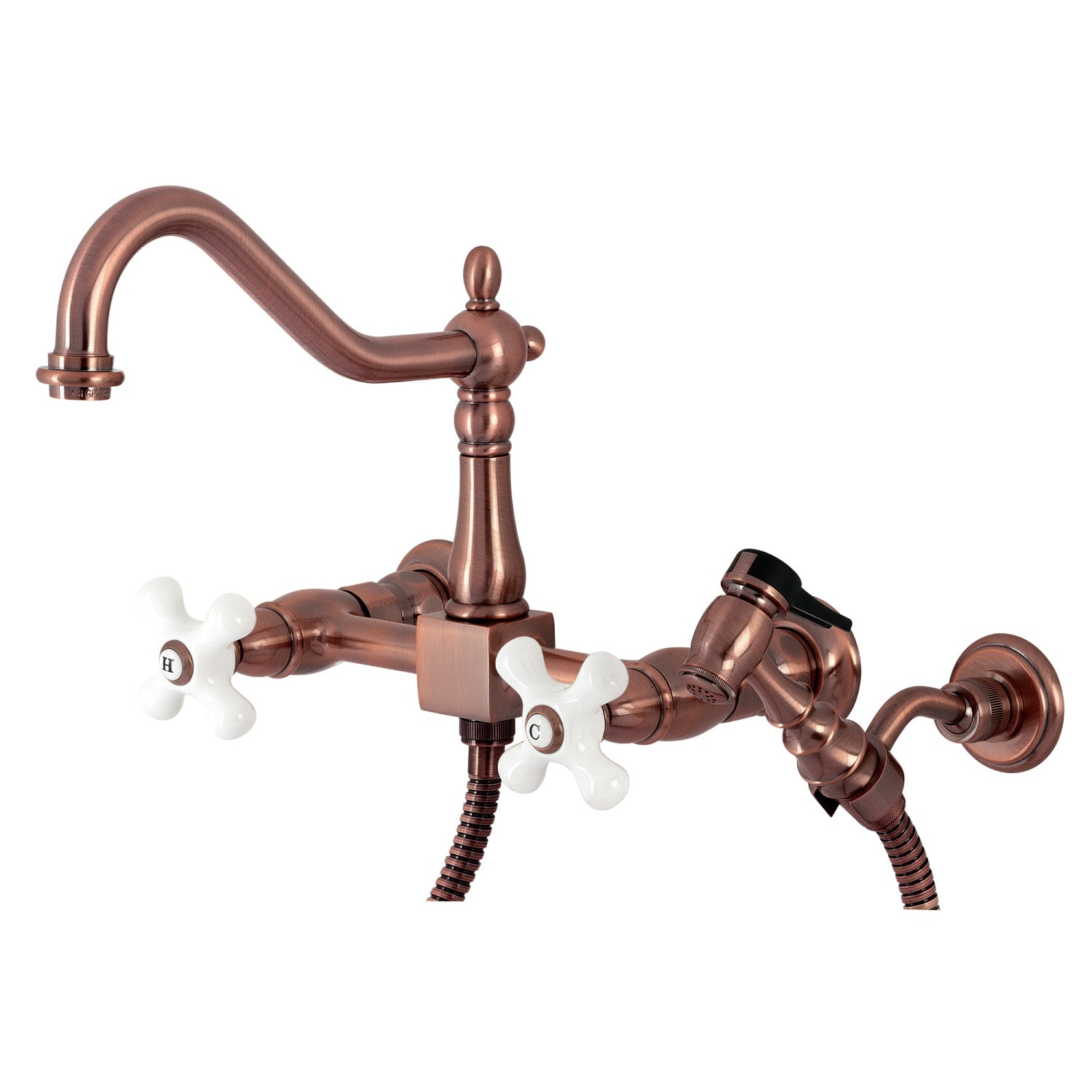 Kingston Heirloom KS124PXBSAC - Robinet de cuisine à double poignée Heritage 3 trous Wall Mount Bridge avec pulvérisateur en laiton, cuivre antique