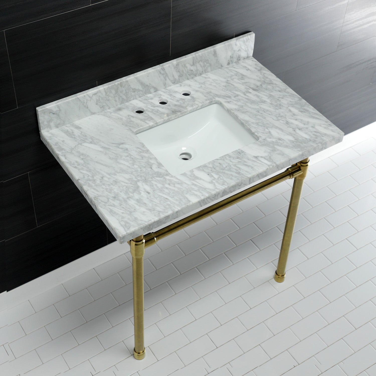 Kingston Tulare KVPB36M8SQ7ST - Dreyfuss 36-Inch Carrara Marble Vanity Top with Stainless Steel Legs (8-Inch, 3-Hole), Carrara Marble White/Brushed Brass