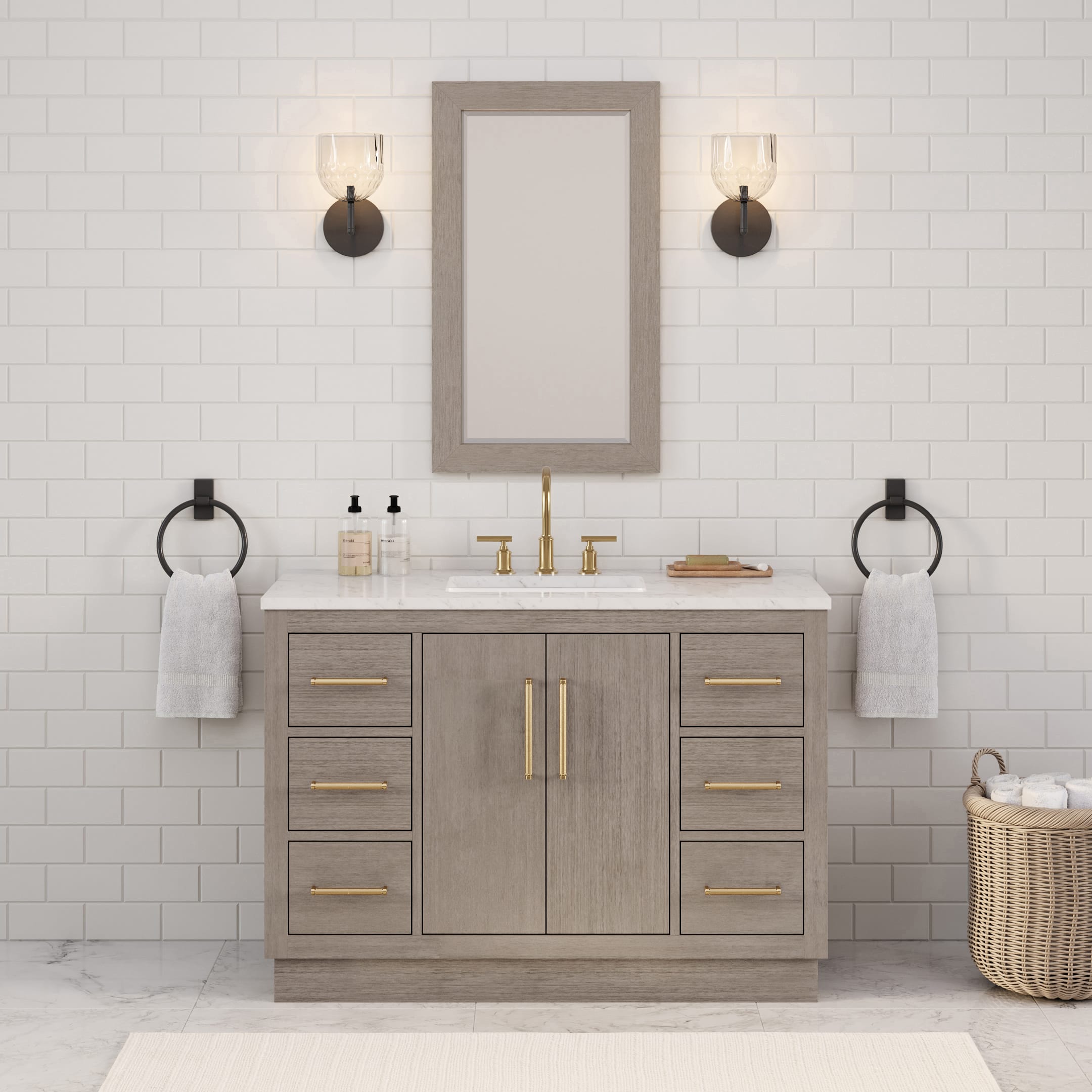 Kingston Luxe HU48CW06GK - 48 in. x 22 in. Bathroom Vanity Marble Top and White Basin, Grey Oak