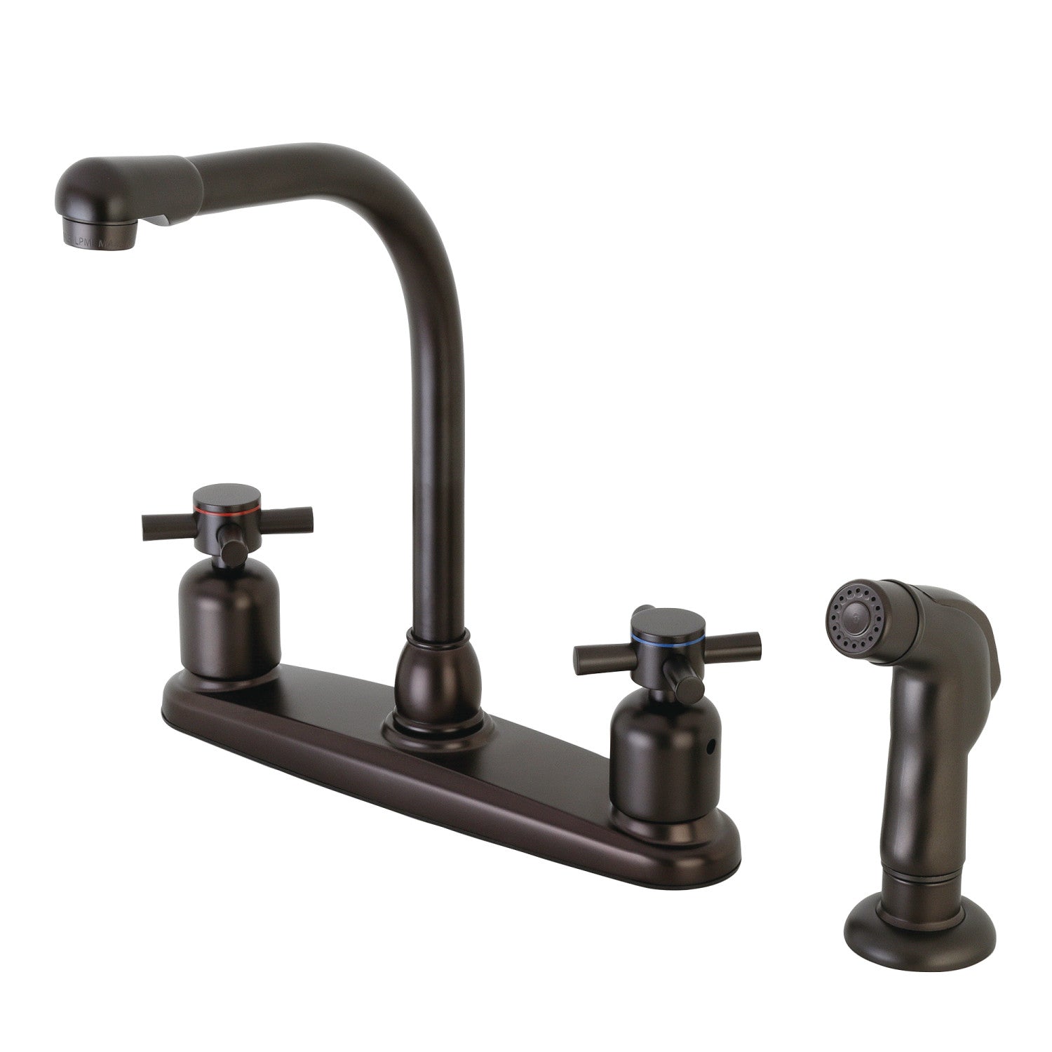 Kingston Tulare FB755DXSP - Robinet de cuisine central à deux poignées Concord 4 trous 8" avec pulvérisateur latéral, bronze frotté à l'huile