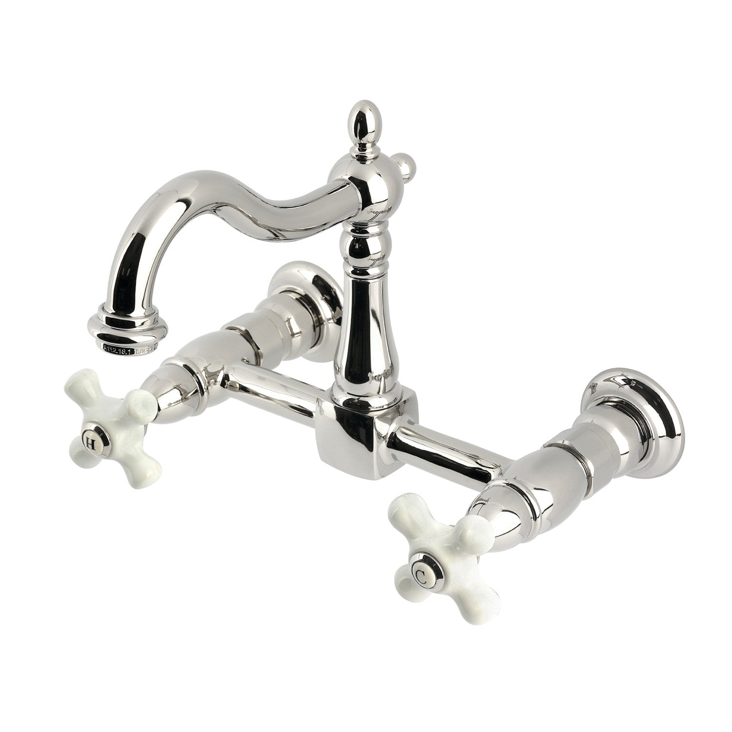 Kingston Heirloom KS1266PX - Robinet de cuisine à deux poignées Heritage 2 trous Wall Mount Bridge, nickel poli