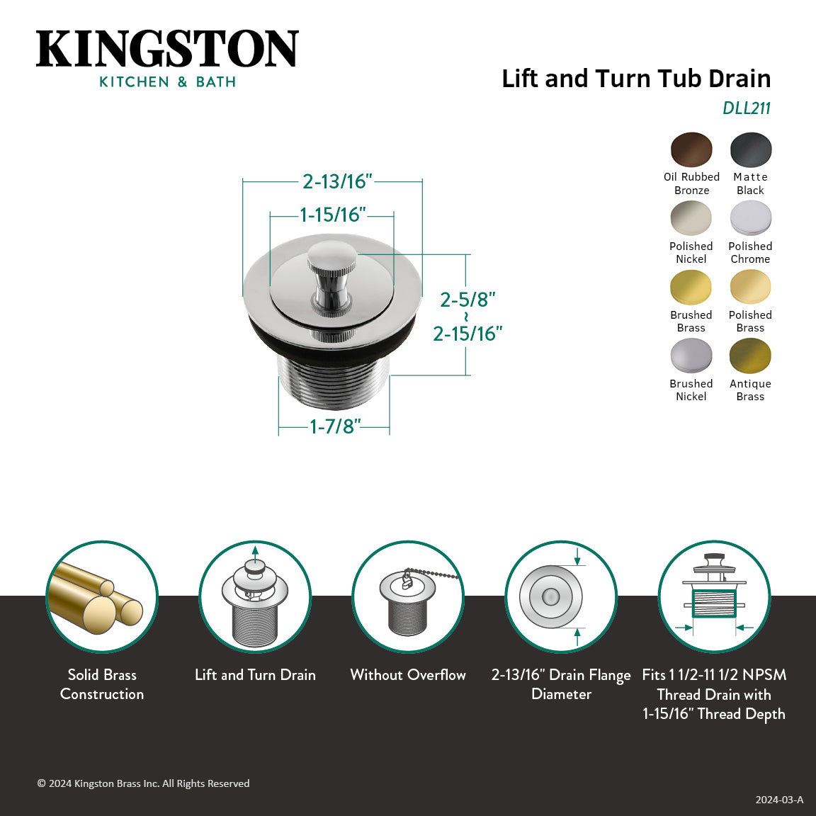 Kingston Heirloom DLL218 - Trimscape Brass Lift and Turn Tub Drain, Brushed Nickel