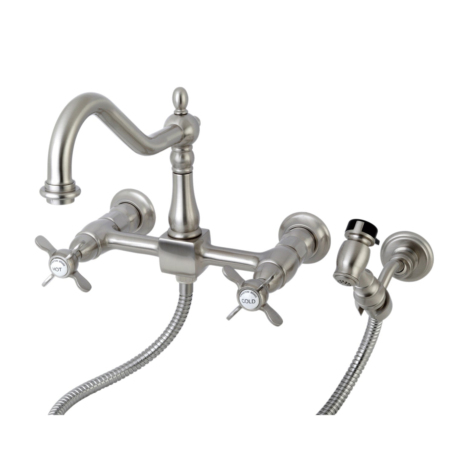 Kingston Heirloom KS1248BEXBS - Robinet de cuisine à deux poignées 3 trous Wall Mount Bridge avec pulvérisateur en laiton, nickel brossé