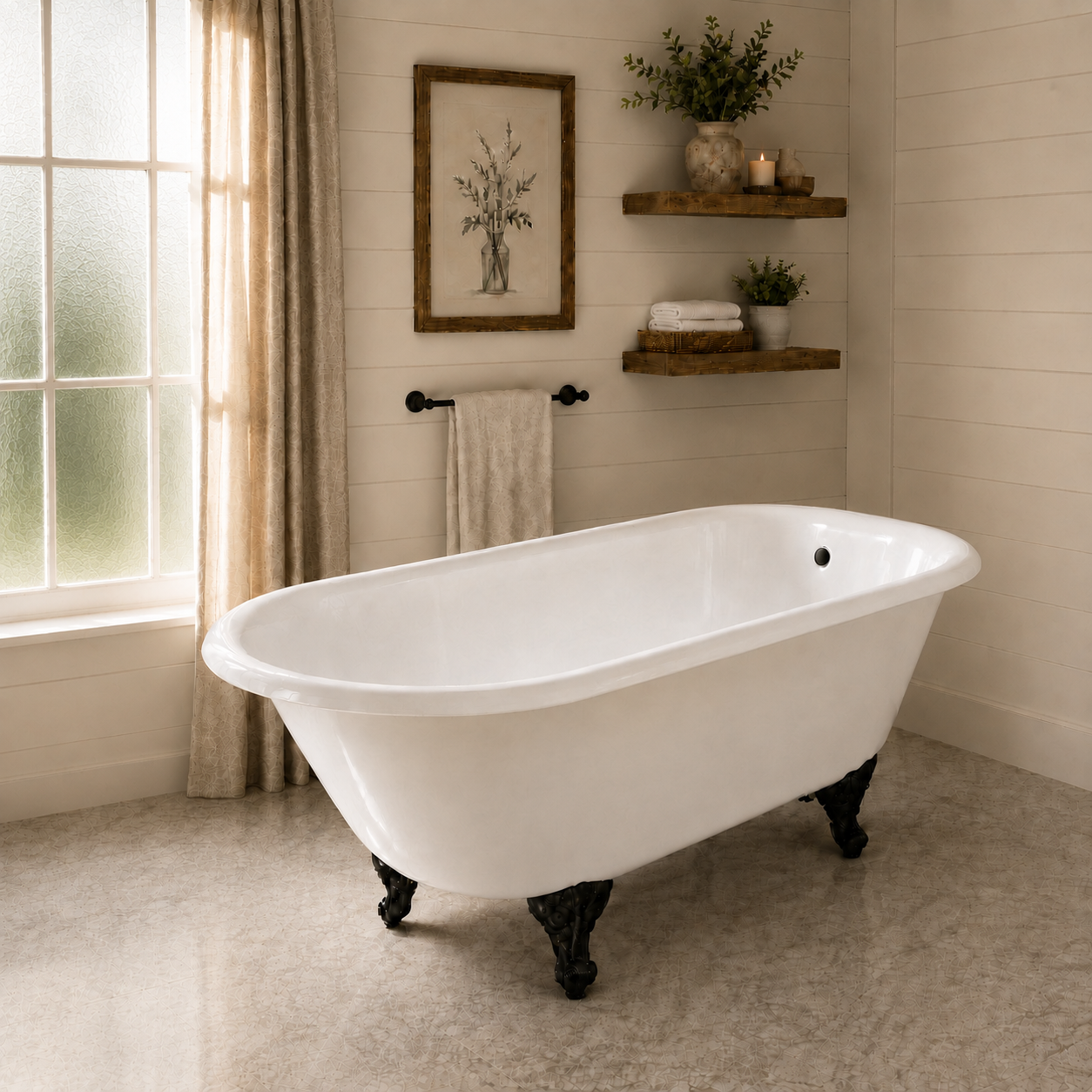 Kingston Heirloom NHVCTND673123T0 - Aqua Eden 66-Inch Cast Iron Oval Rectangulaire Roll Top Clawfoot Tub (Pas de perçage de robinet), Blanc/Noir mat